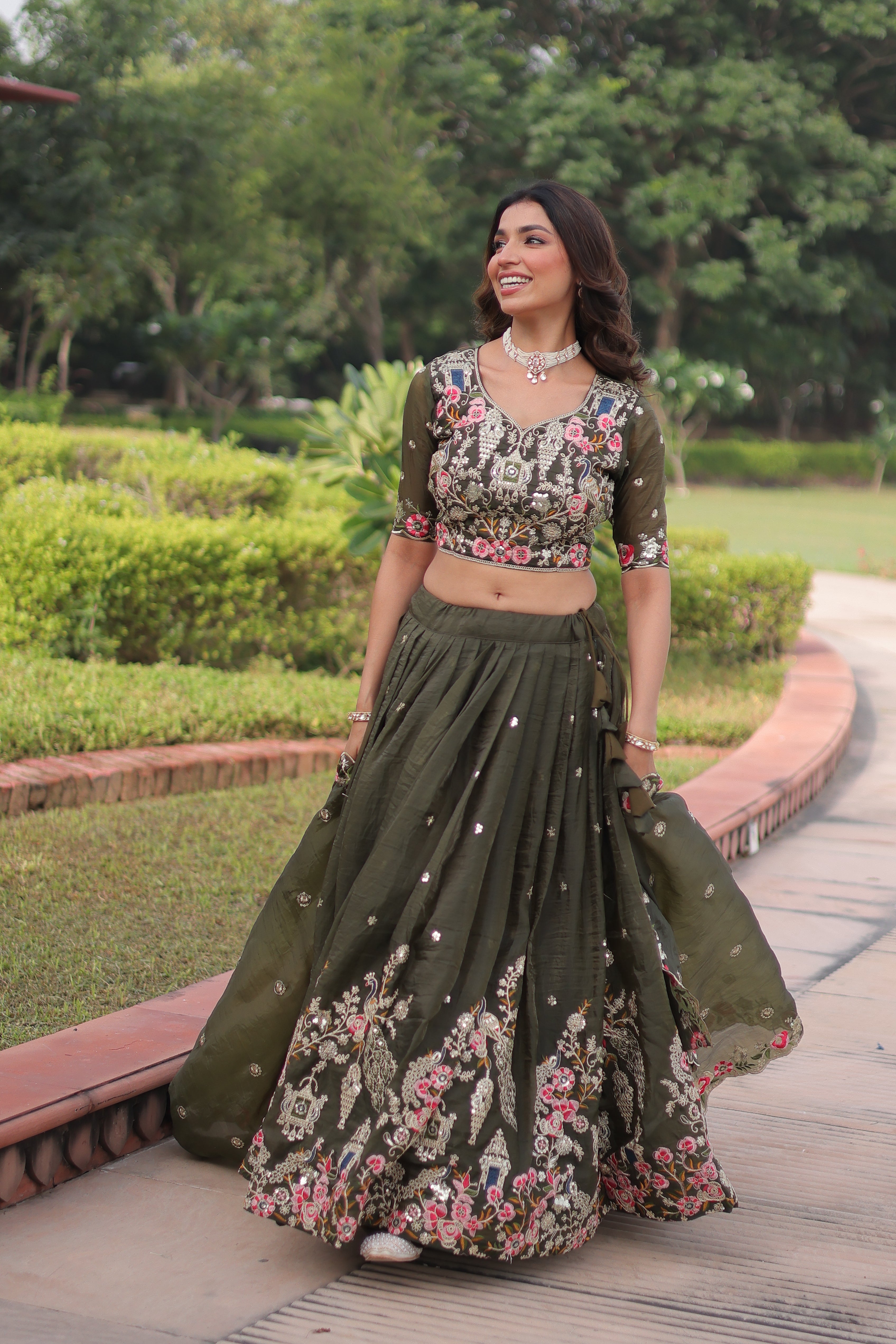 Navisha Mehendi Green Gold Crush Sequins Zari Embroidered Work Lehenga Choli