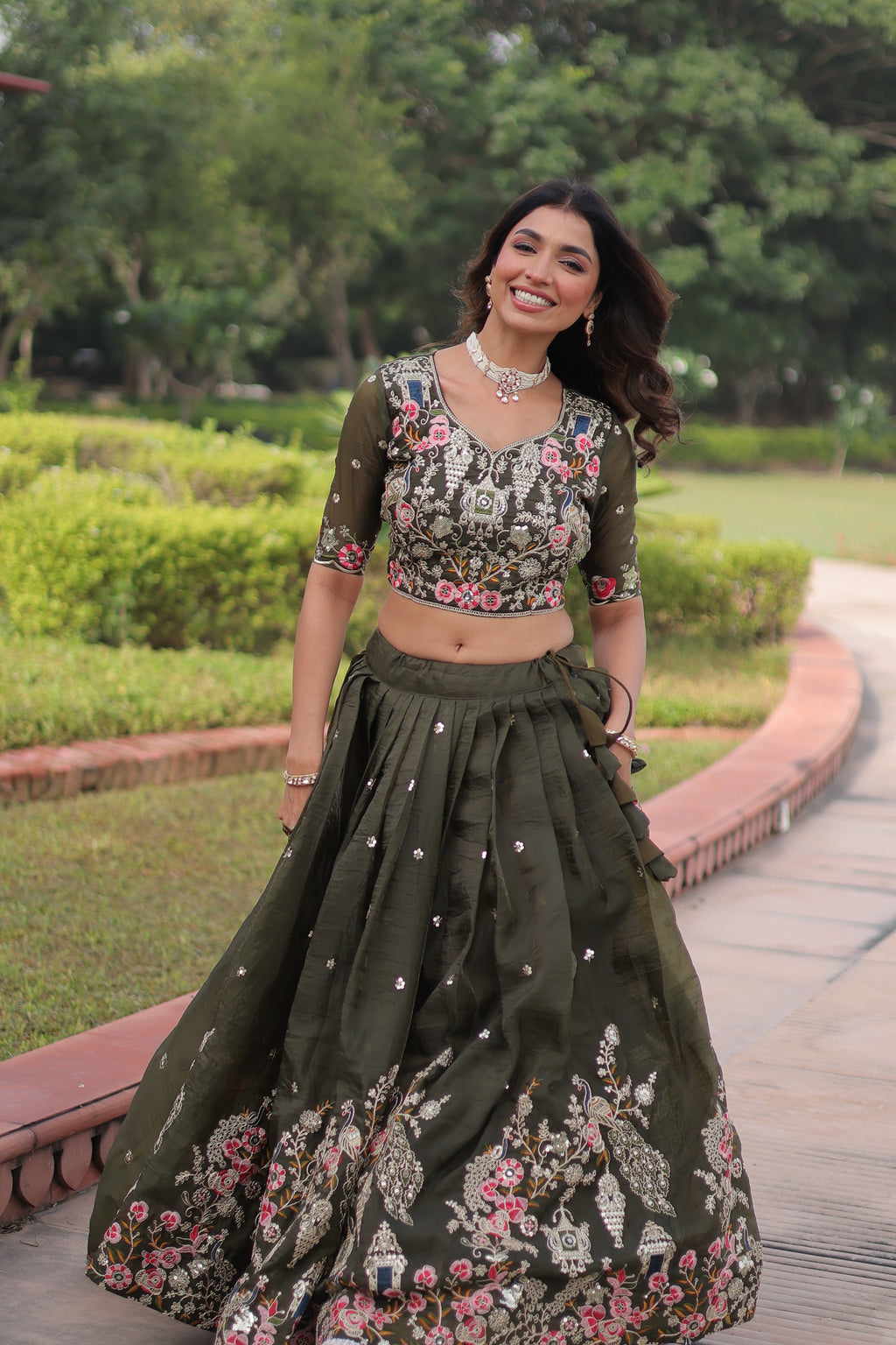 Navisha Mehendi Green Gold Crush Sequins Zari Embroidered Work Lehenga Choli