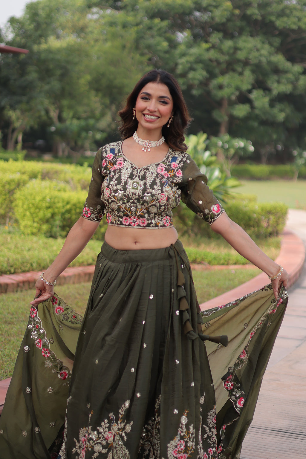 Navisha Mehendi Green Gold Crush Sequins Zari Embroidered Work Lehenga Choli