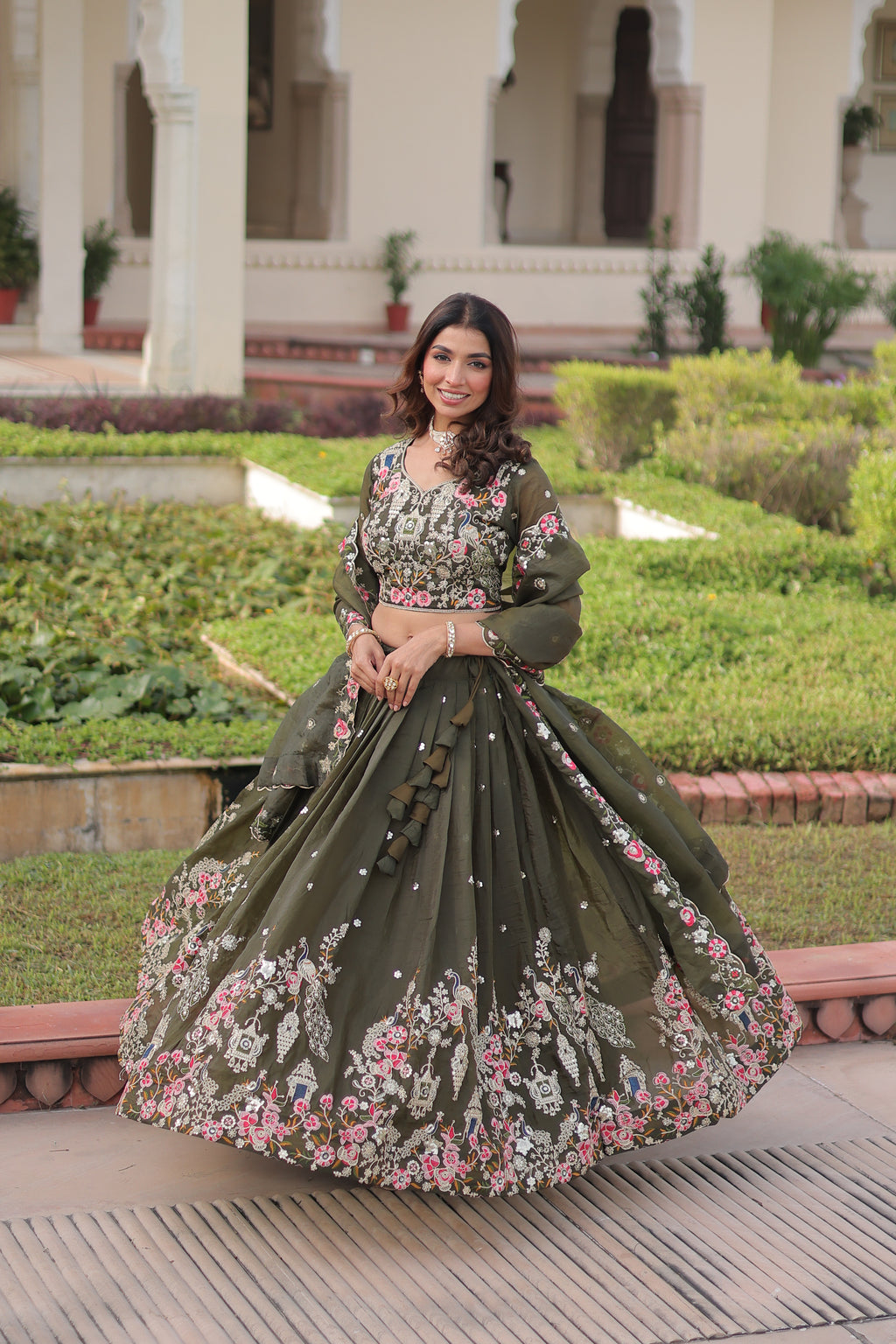 Navisha Mehendi Green Gold Crush Sequins Zari Embroidered Work Lehenga Choli