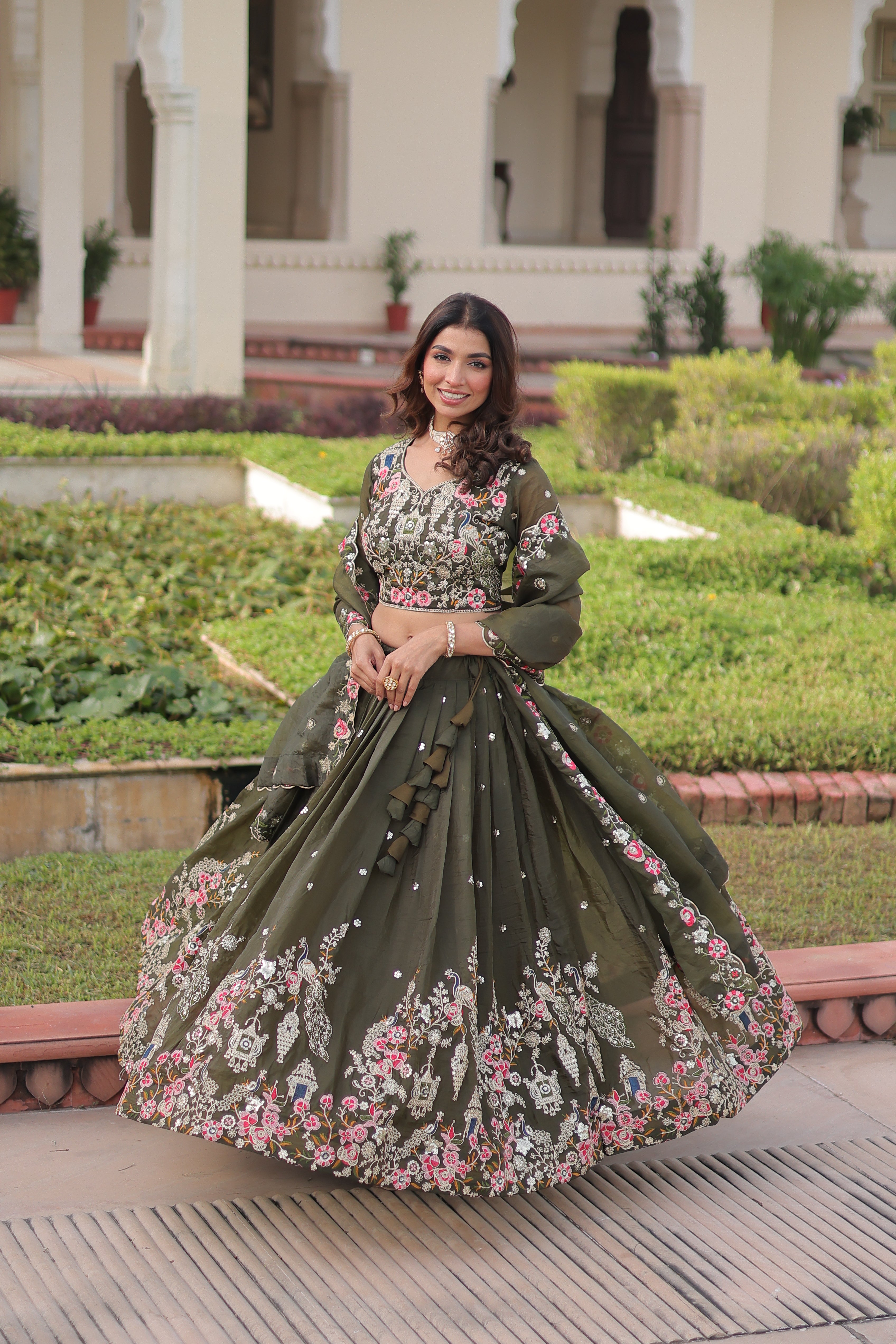 Navisha Mehendi Green Gold Crush Sequins Zari Embroidered Work Lehenga Choli