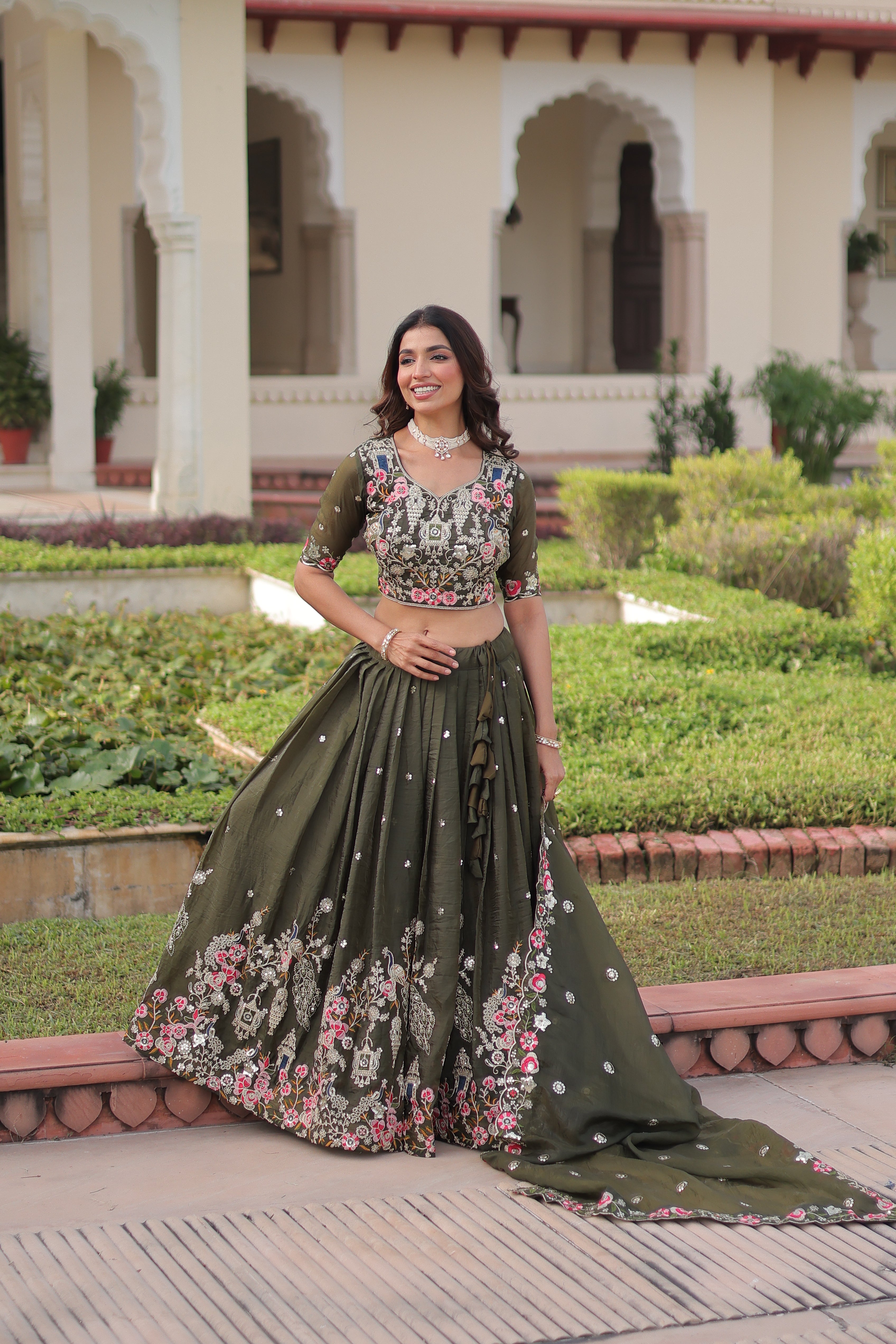 Navisha Mehendi Green Gold Crush Sequins Zari Embroidered Work Lehenga Choli