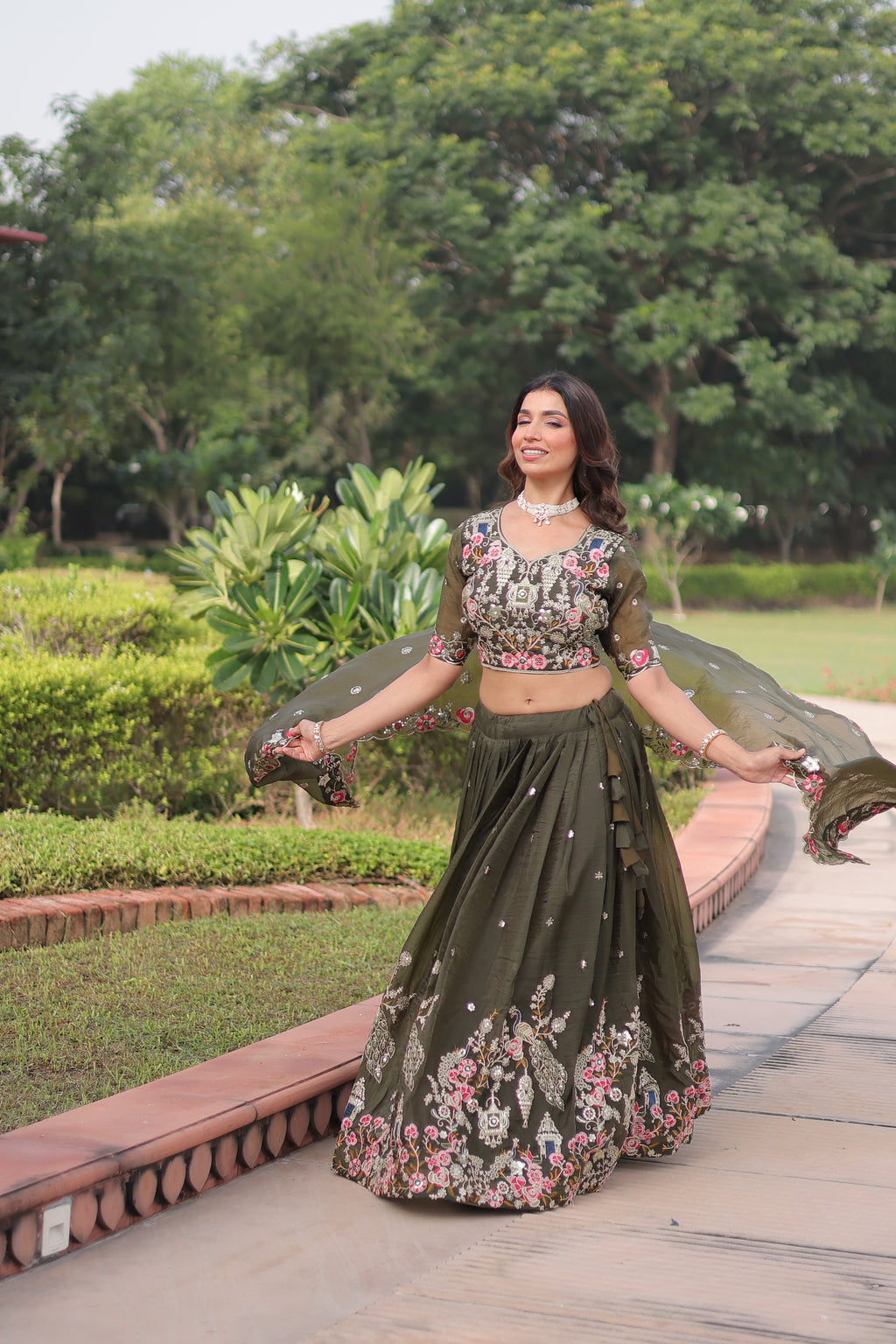 Navisha Mehendi Green Gold Crush Sequins Zari Embroidered Work Lehenga Choli