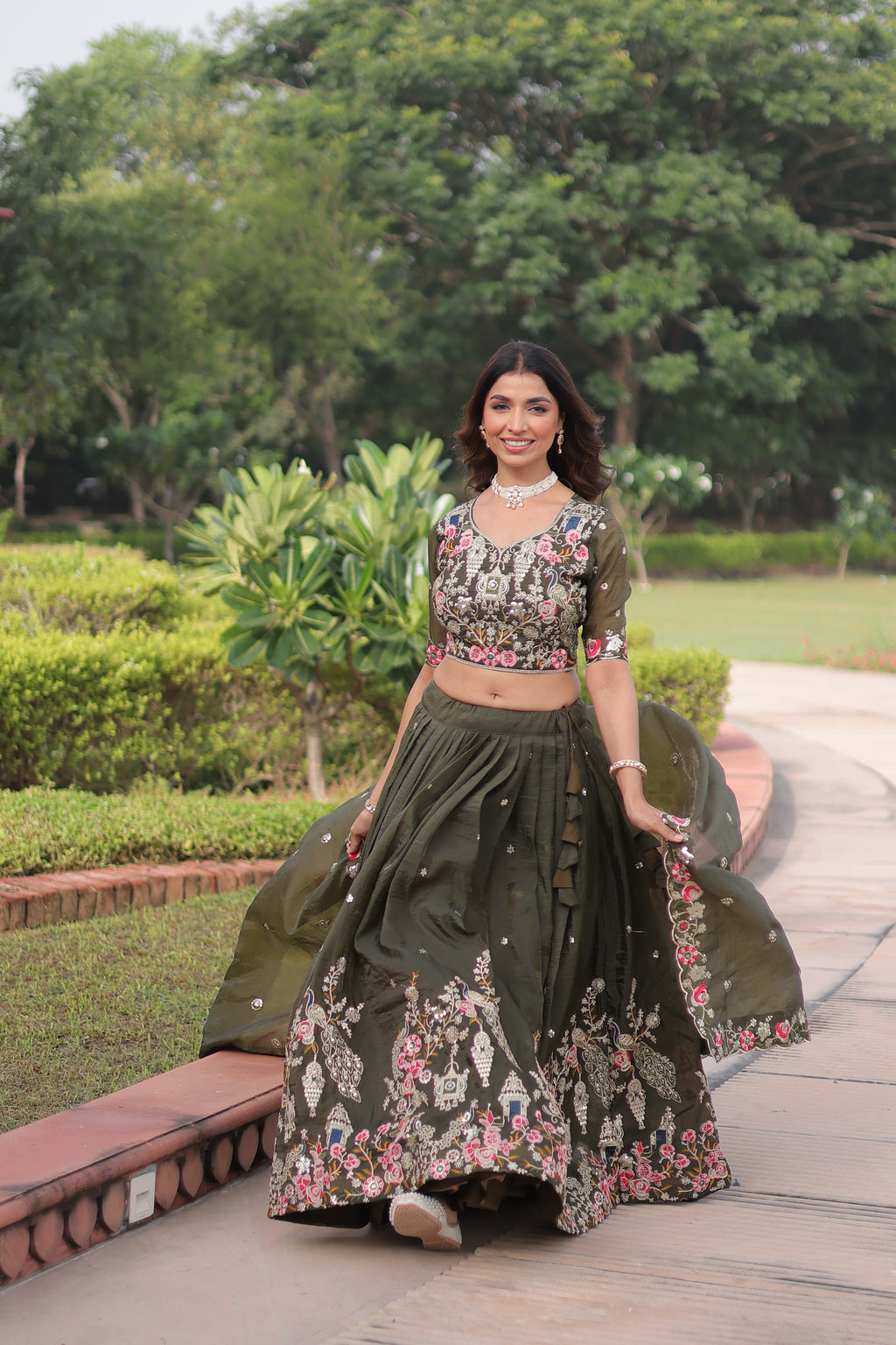 Navisha Mehendi Green Gold Crush Sequins Zari Embroidered Work Lehenga Choli