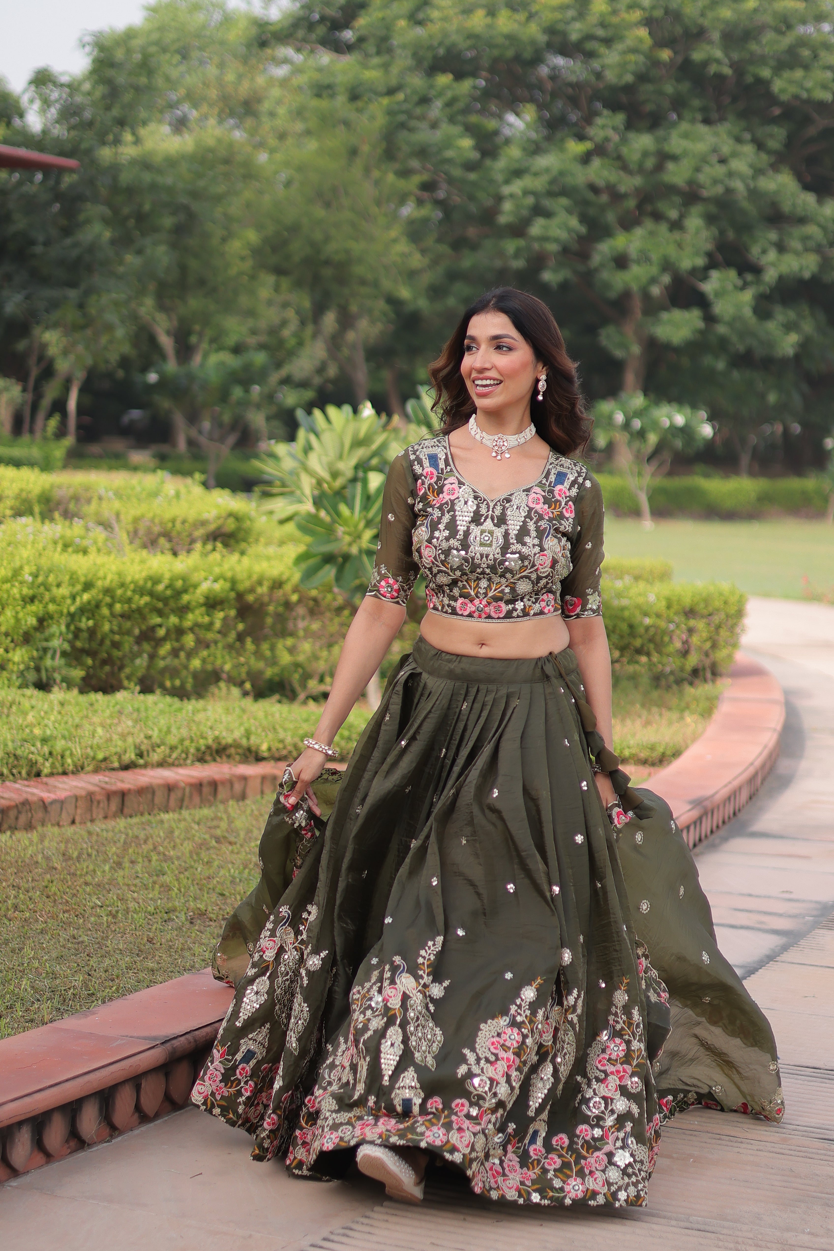 Navisha Mehendi Green Gold Crush Sequins Zari Embroidered Work Lehenga Choli