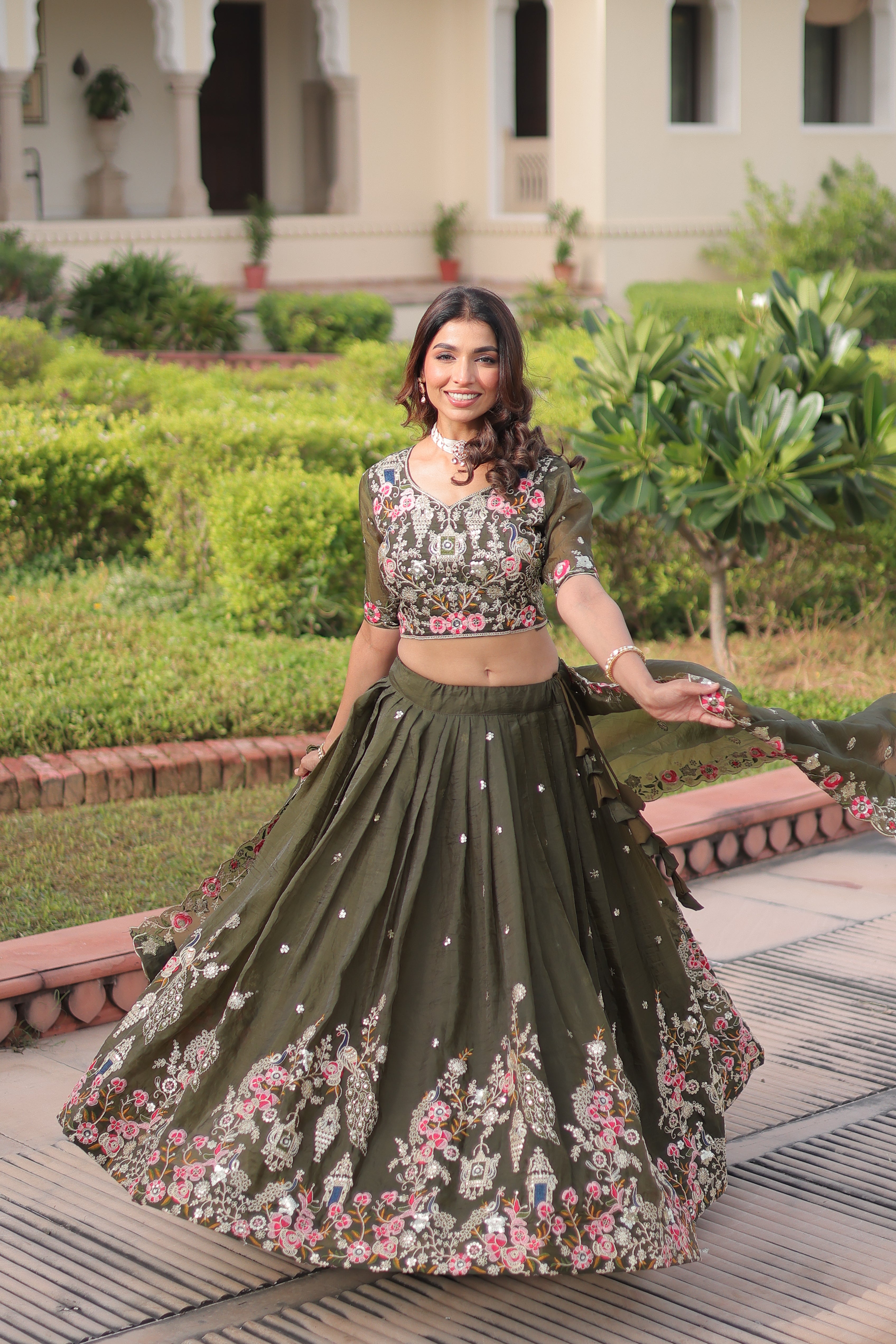 Navisha Mehendi Green Gold Crush Sequins Zari Embroidered Work Lehenga Choli