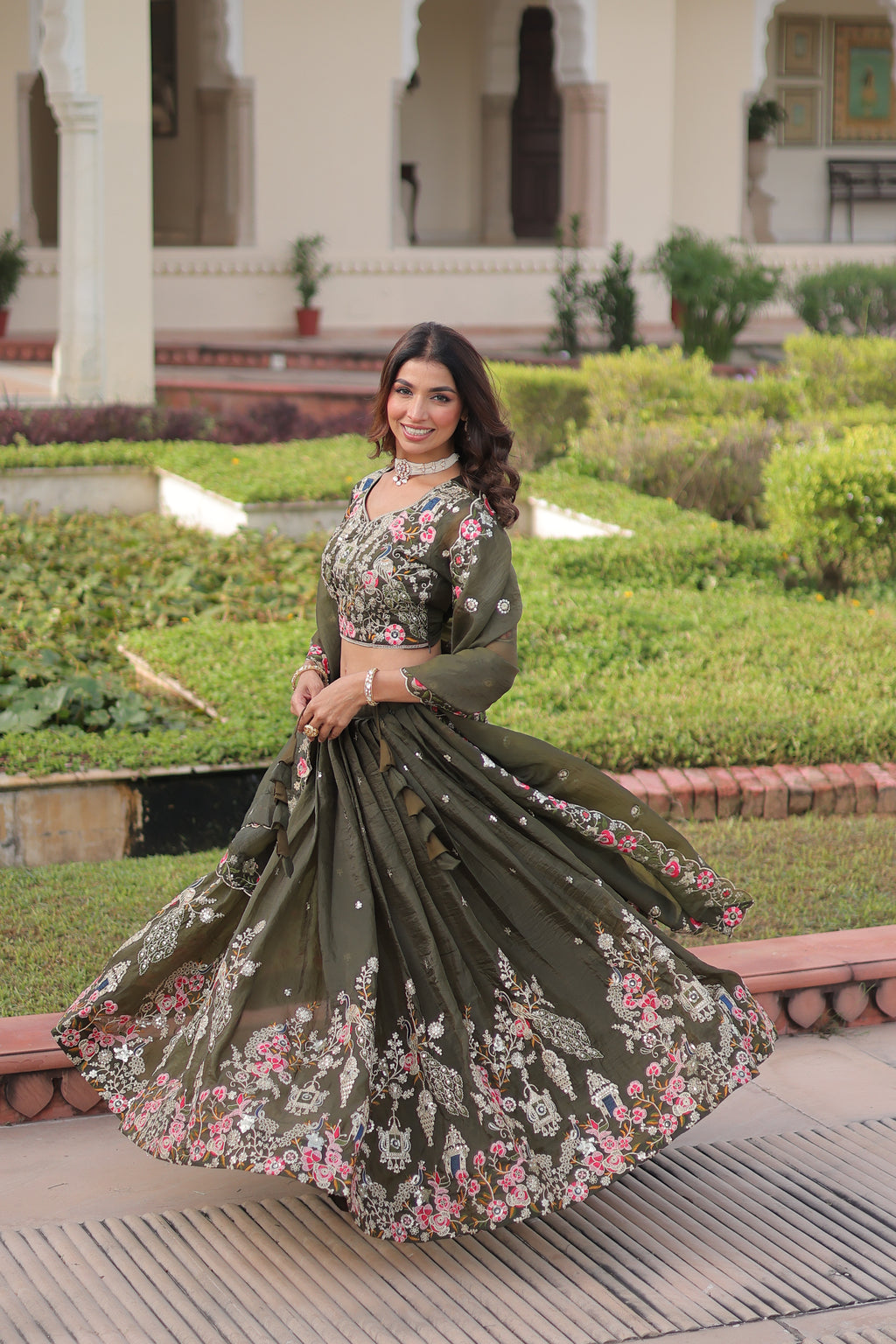 Navisha Mehendi Green Gold Crush Sequins Zari Embroidered Work Lehenga Choli