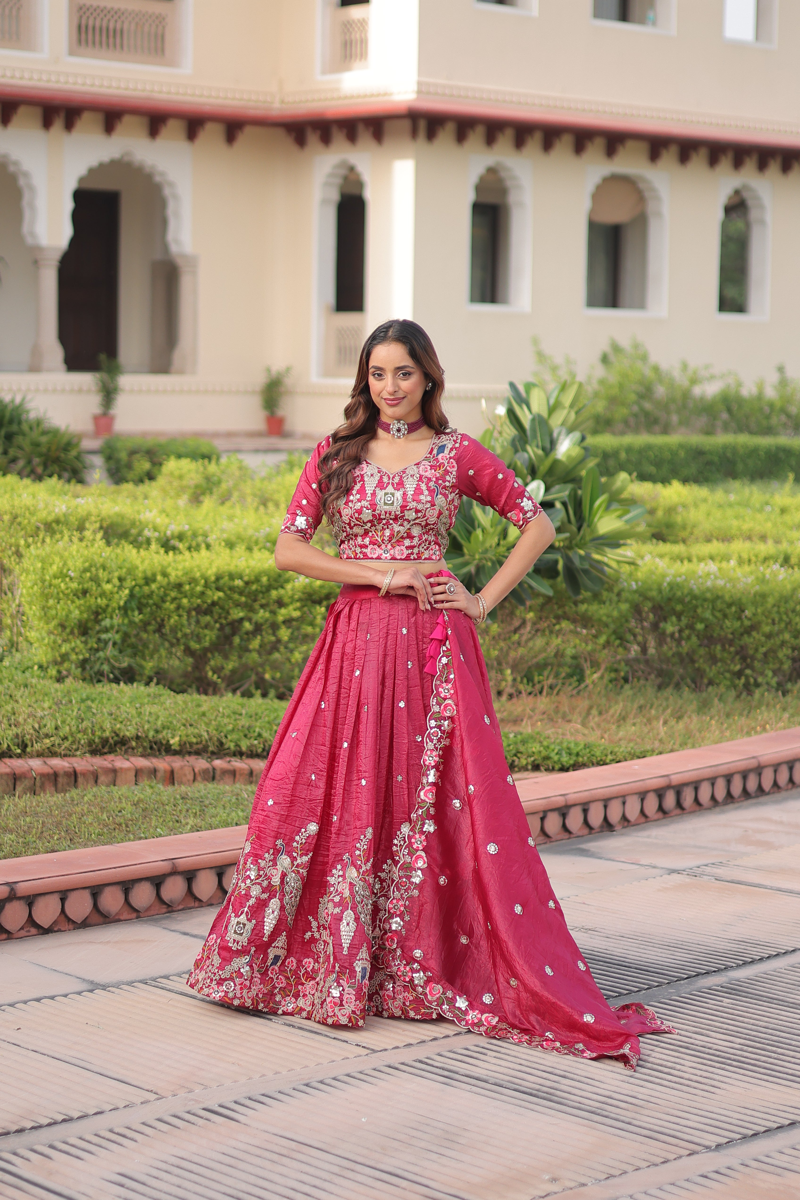 Navisha pink gold crush lehenga choli with sequins zari embroidery work