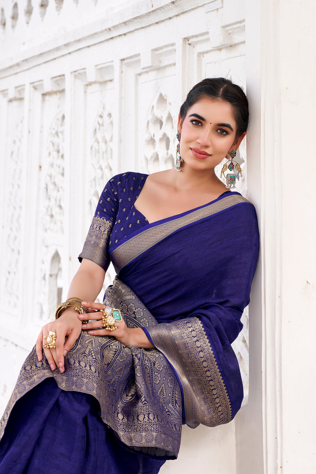 Navy Blue Color Chinon Self-Printed Zari Weaving Saree with Blouse