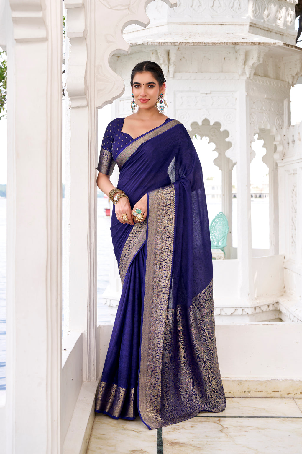 Navy Blue Color Chinon Self-Printed Zari Weaving Saree with Blouse