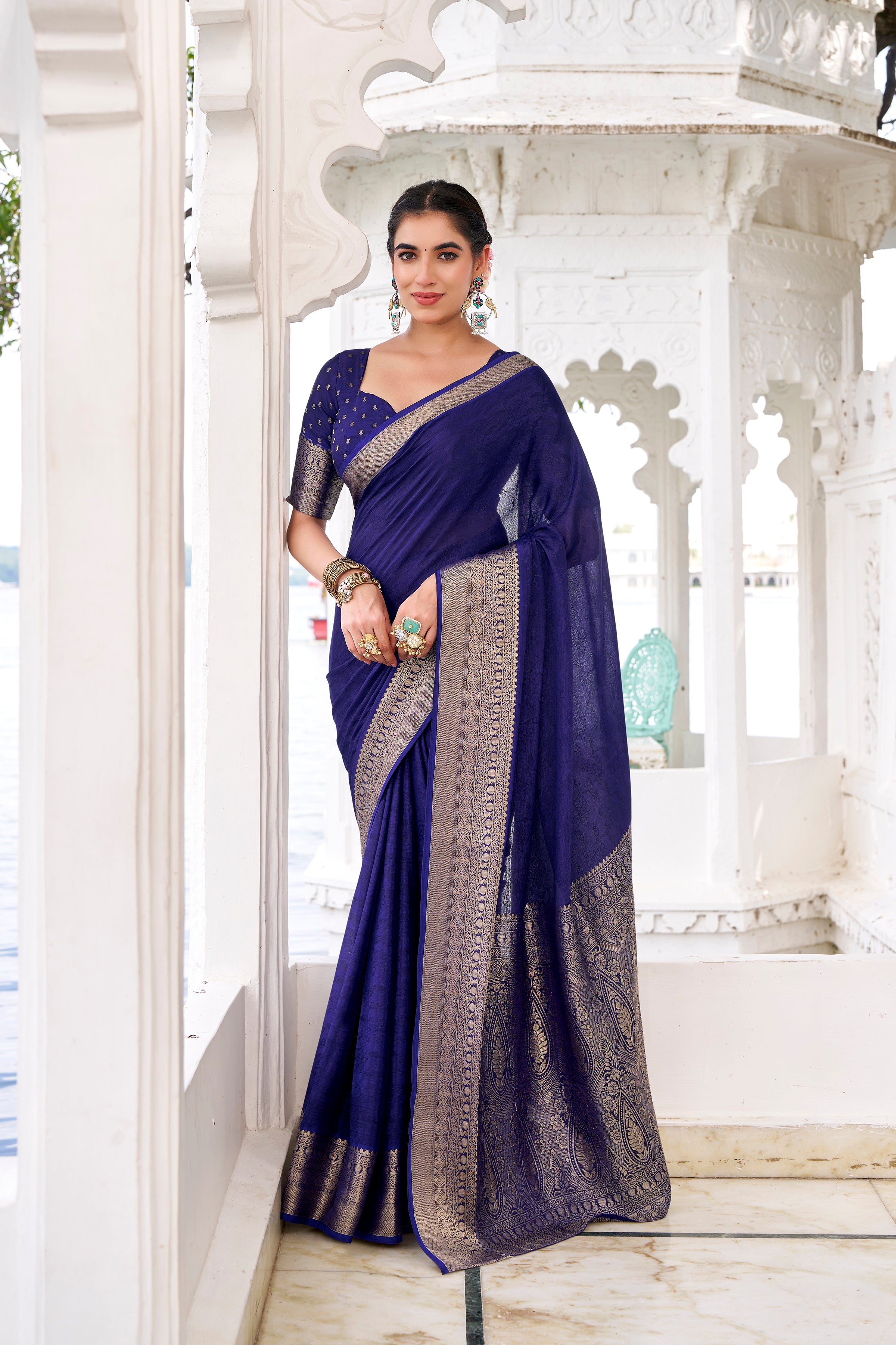 Navy Blue Color Chinon Self-Printed Zari Weaving Saree with Blouse