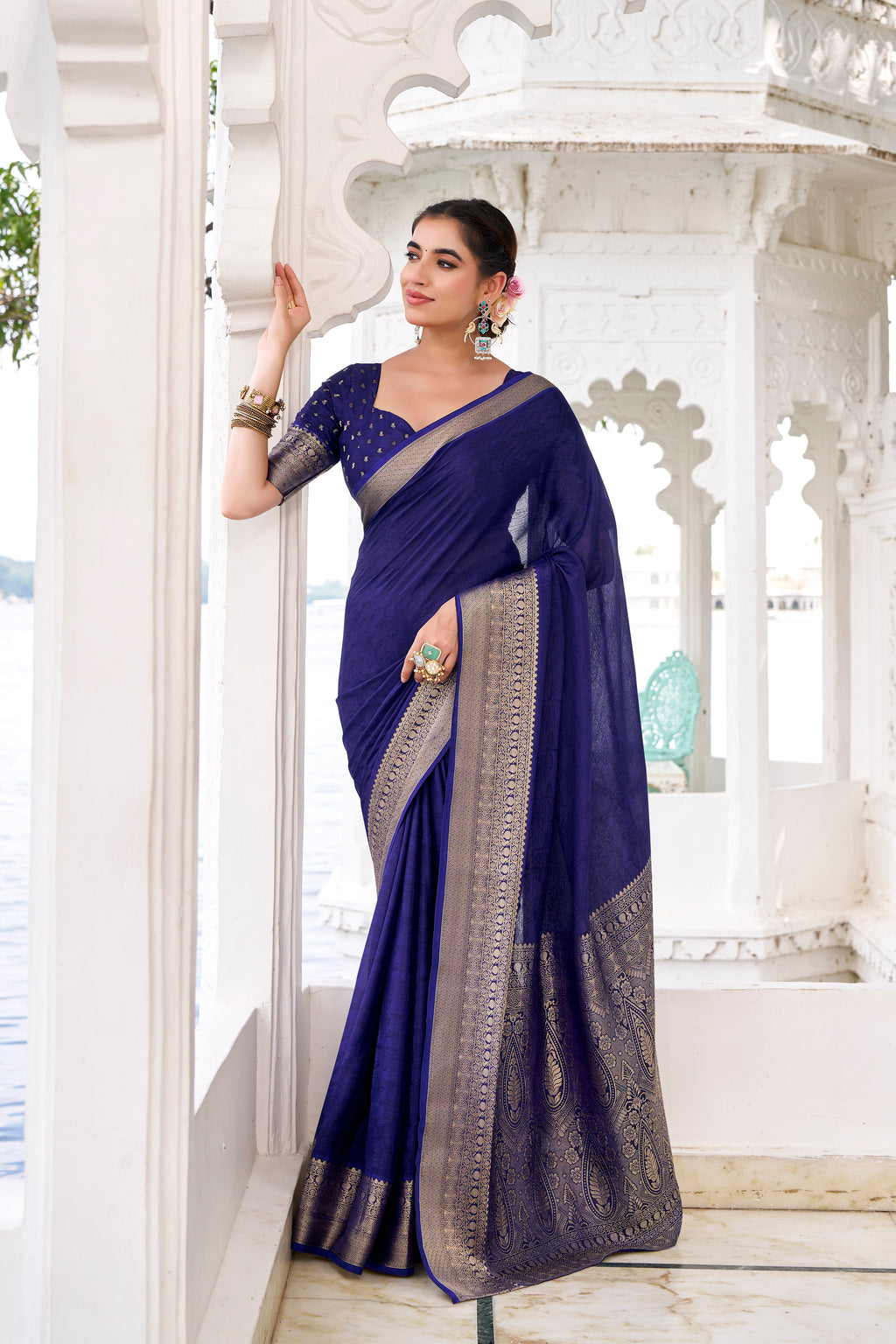 Navy Blue Color Chinon Self-Printed Zari Weaving Saree with Blouse