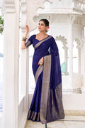 Navy Blue Color Chinon Self-Printed Zari Weaving Saree with Blouse