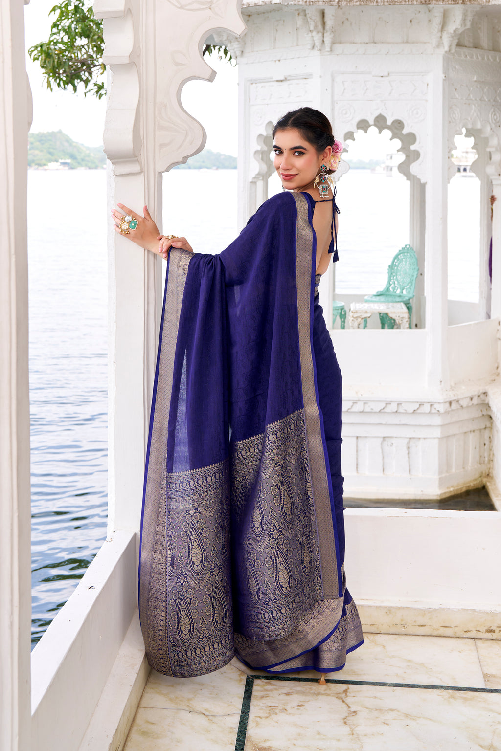 Navy Blue Color Chinon Self-Printed Zari Weaving Saree with Blouse