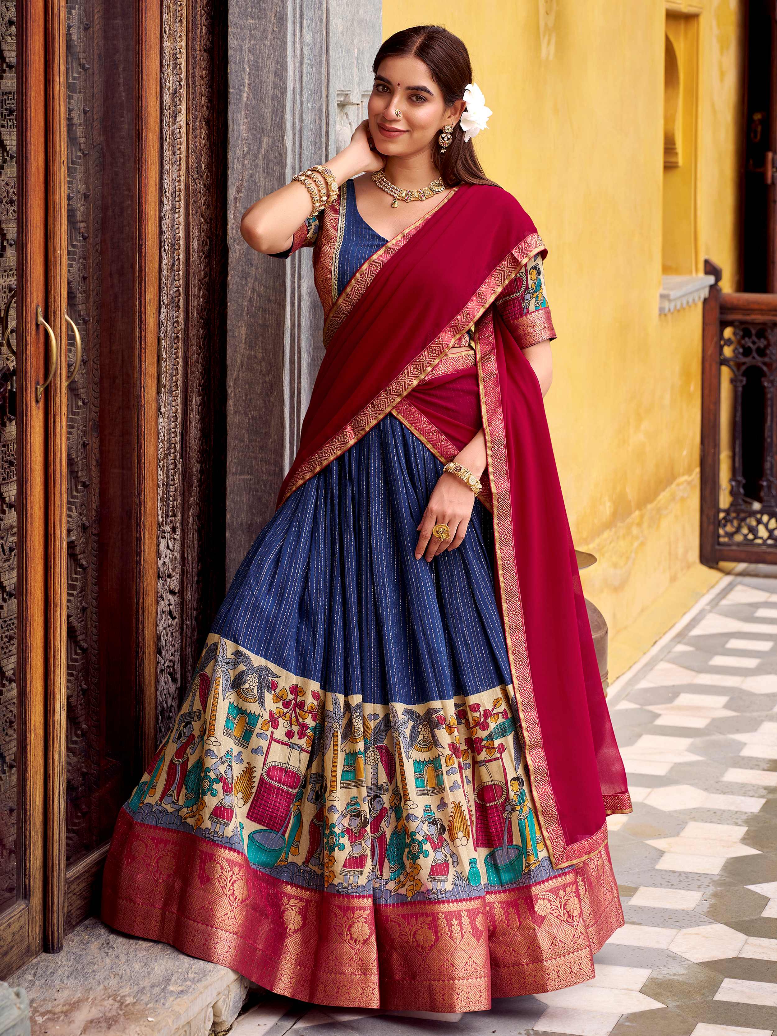 Navy Blue Poly Chanderi Kalamkari Print Zari Weaving Half Saree Lehenga