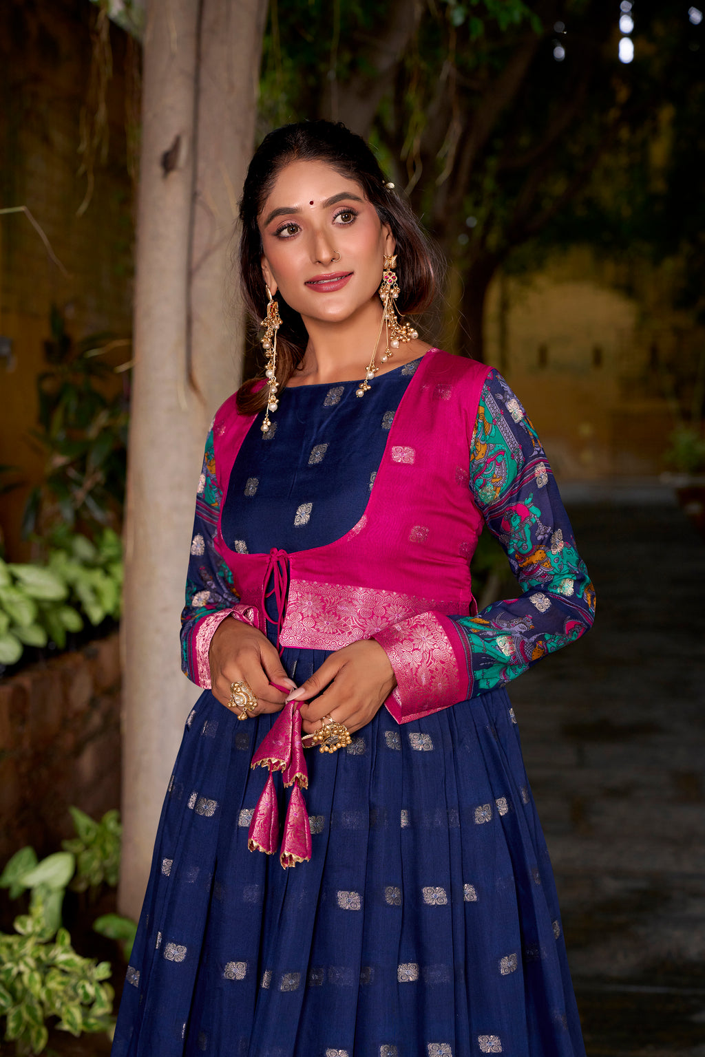 Navy Blue Poly Cotton Kalamkari Print Gown with Zari Weaving Koti