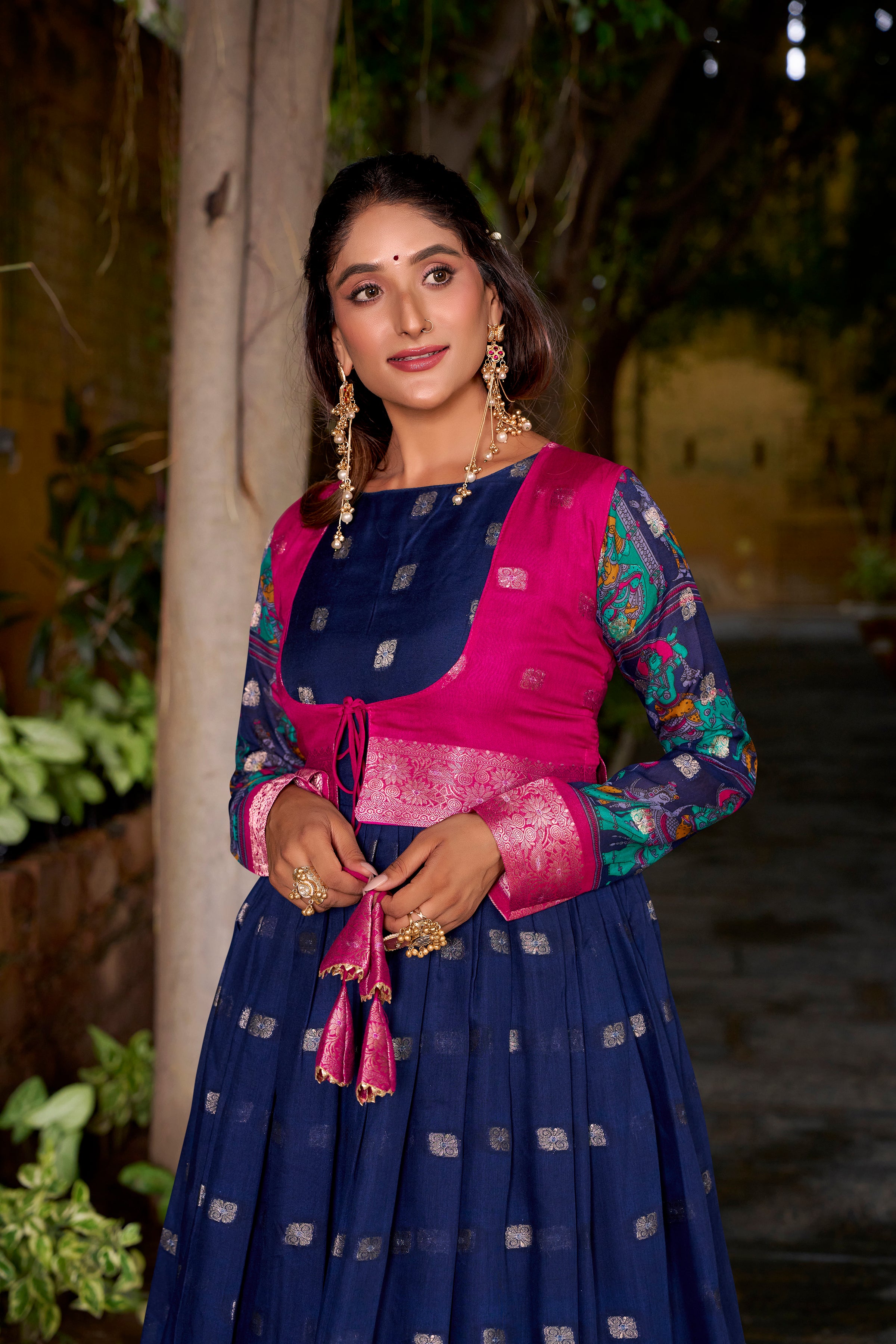 Navy Blue Poly Cotton Kalamkari Print Gown with Zari Weaving Koti