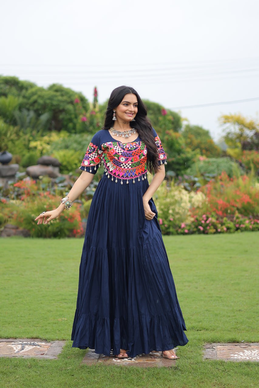 Navy Blue Pure Rayon Flair Kutchi Gamthi Embroidered Navratri Gown