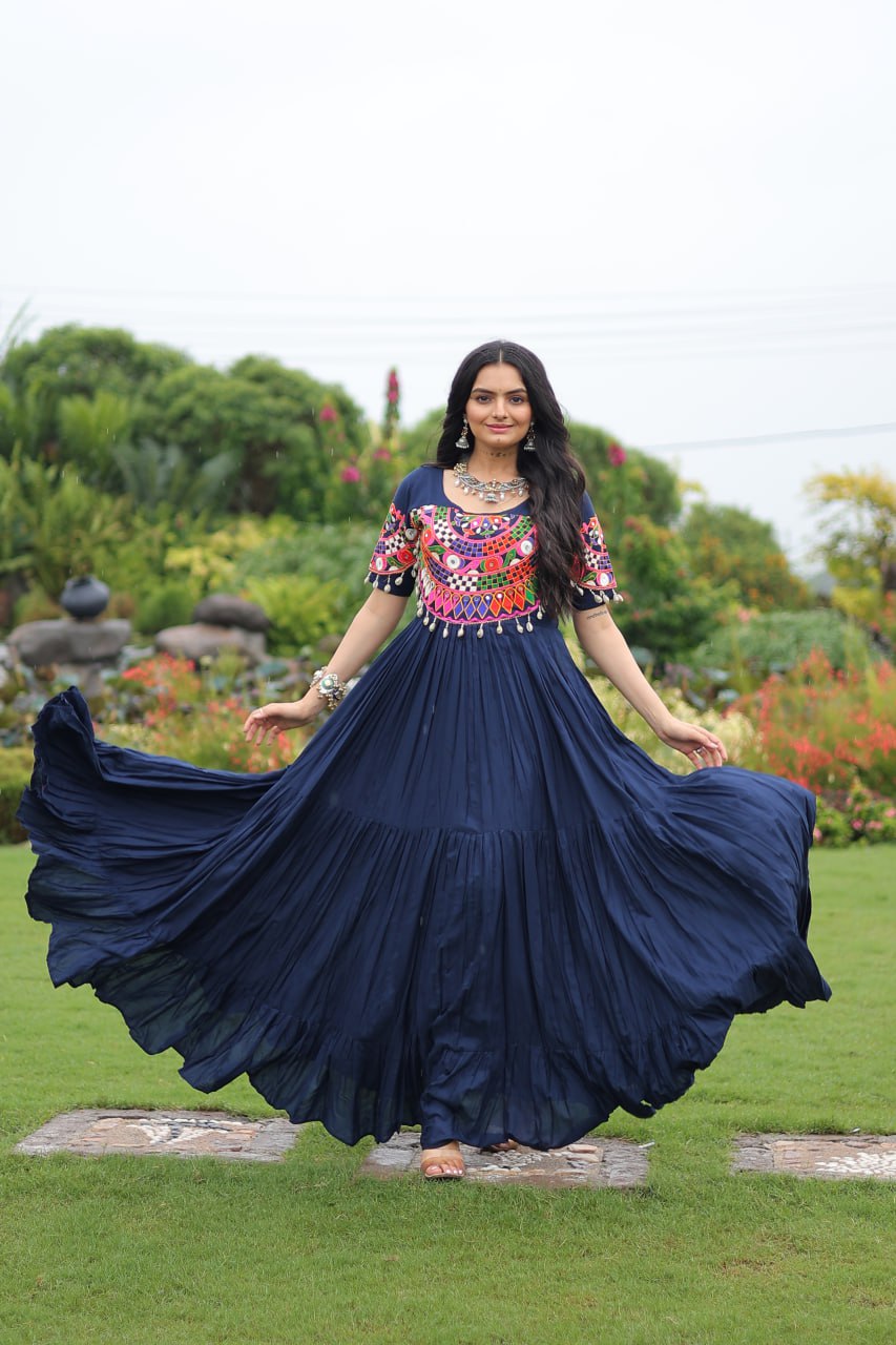 Navy Blue Pure Rayon Flair Kutchi Gamthi Embroidered Navratri Gown