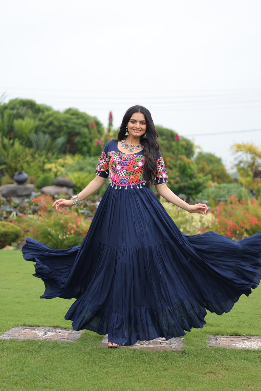 Navy Blue Pure Rayon Flair Kutchi Gamthi Embroidered Navratri Gown