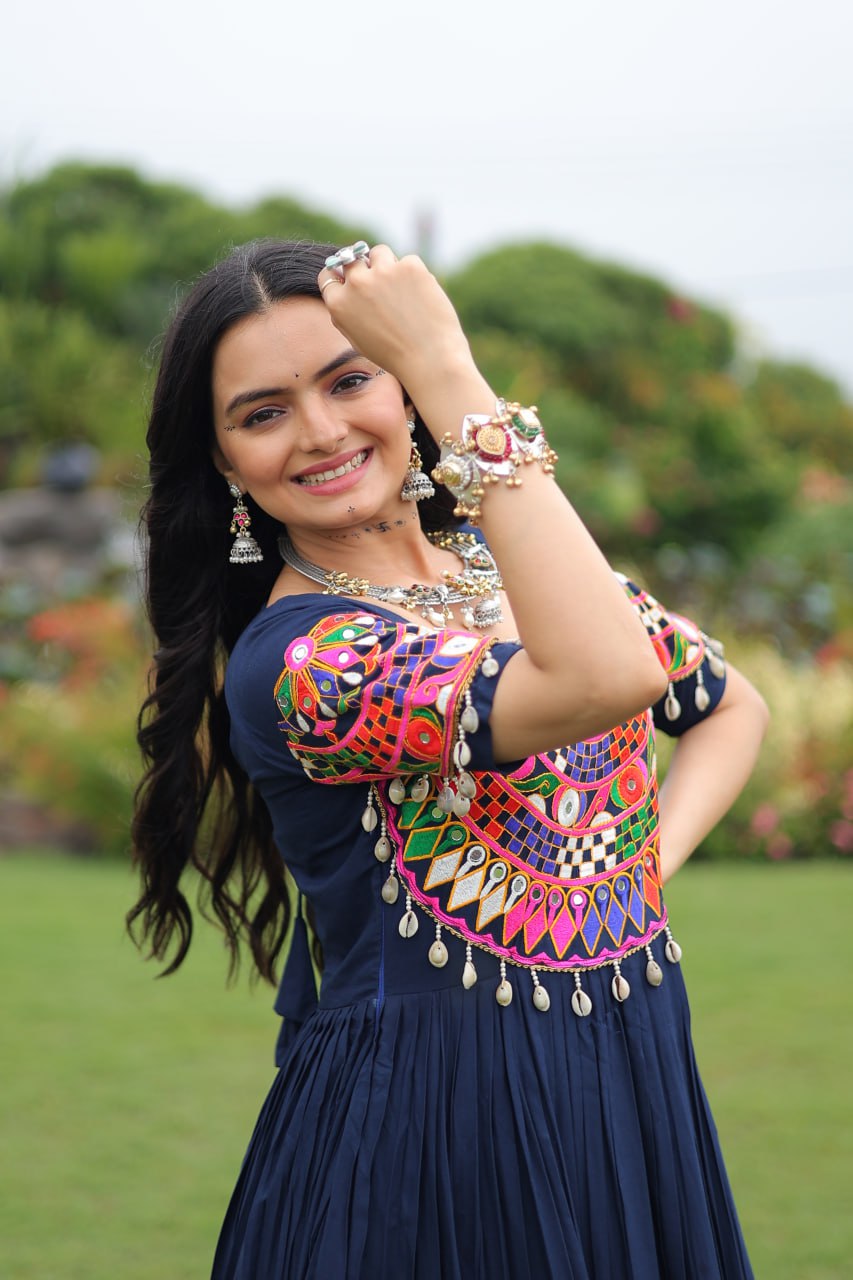 Navy Blue Pure Rayon Flair Kutchi Gamthi Embroidered Navratri Gown