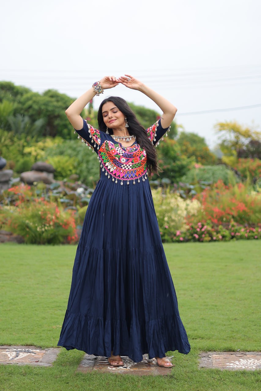 Navy Blue Pure Rayon Flair Kutchi Gamthi Embroidered Navratri Gown