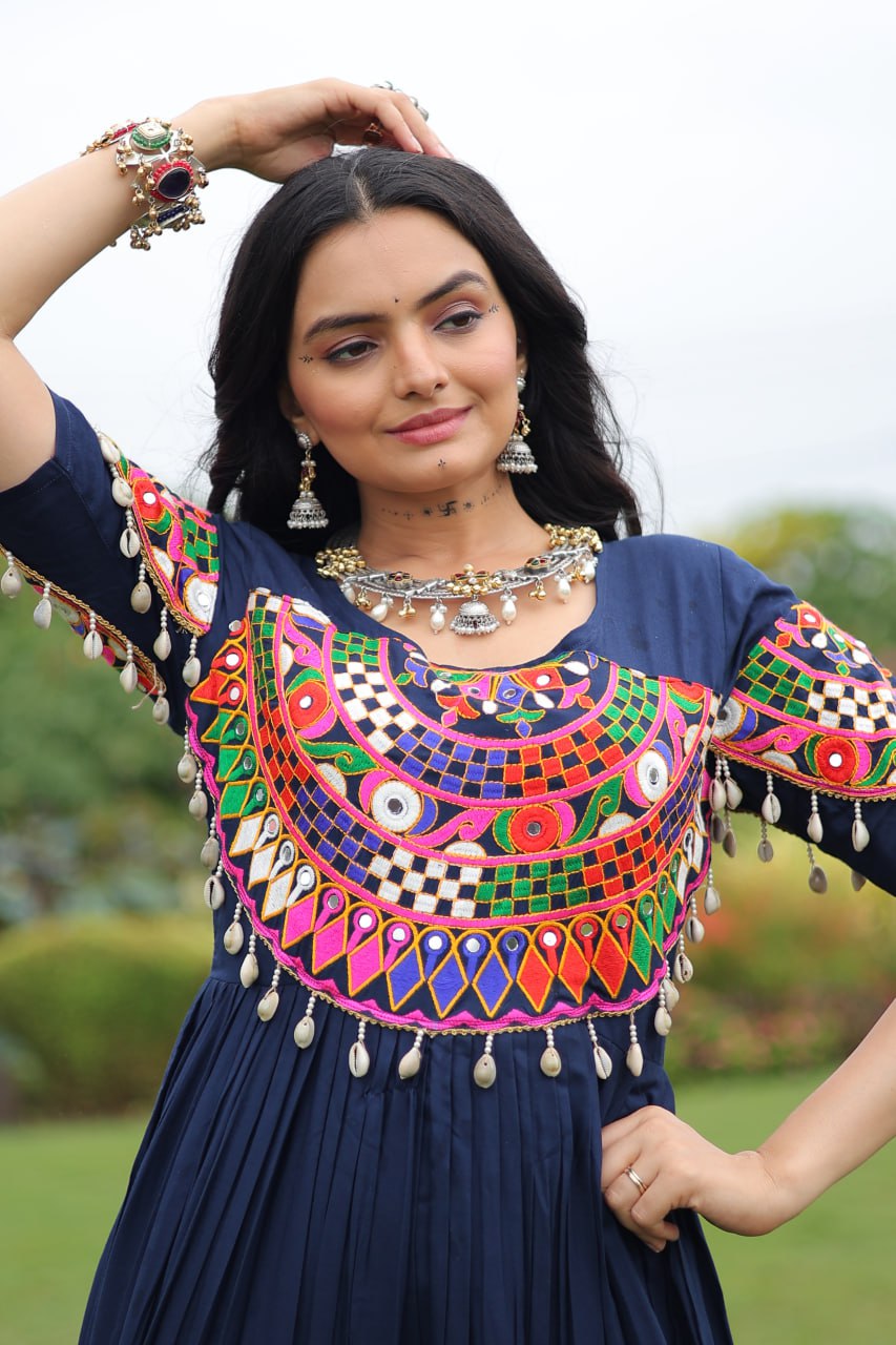 Navy Blue Pure Rayon Flair Kutchi Gamthi Embroidered Navratri Gown