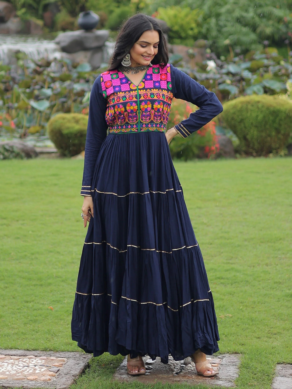 Navy Blue Rayon Flair Kutchi Gamthi Embroidered Mirror Work Gown