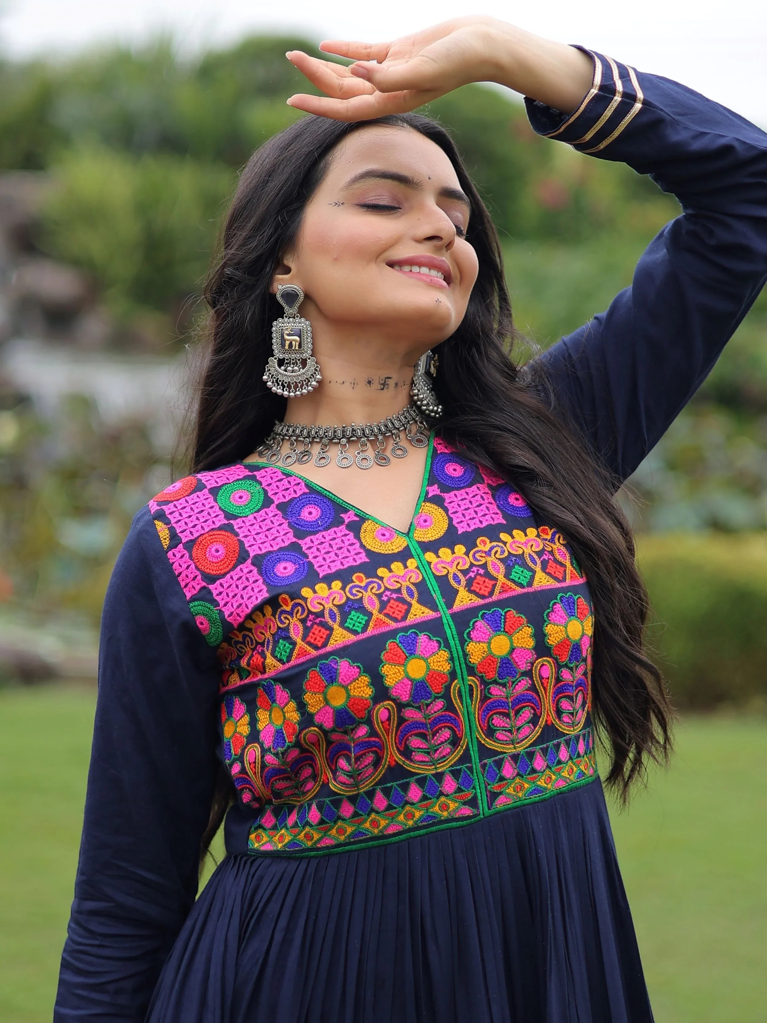 Navy Blue Rayon Flair Kutchi Gamthi Embroidered Mirror Work Gown