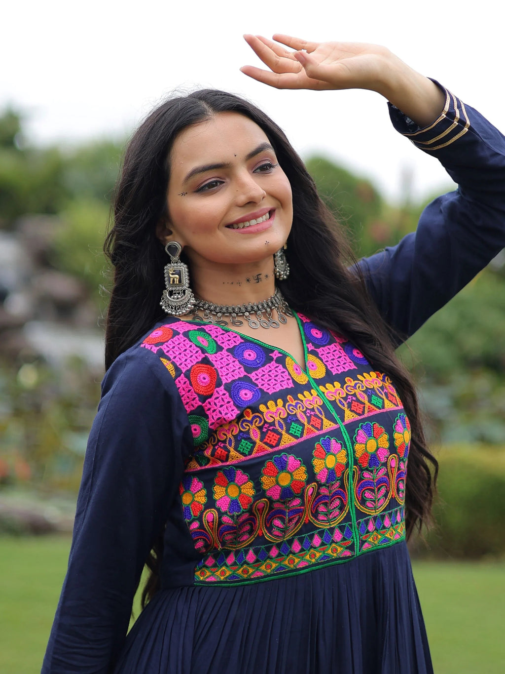 Navy Blue Rayon Flair Kutchi Gamthi Embroidered Mirror Work Gown