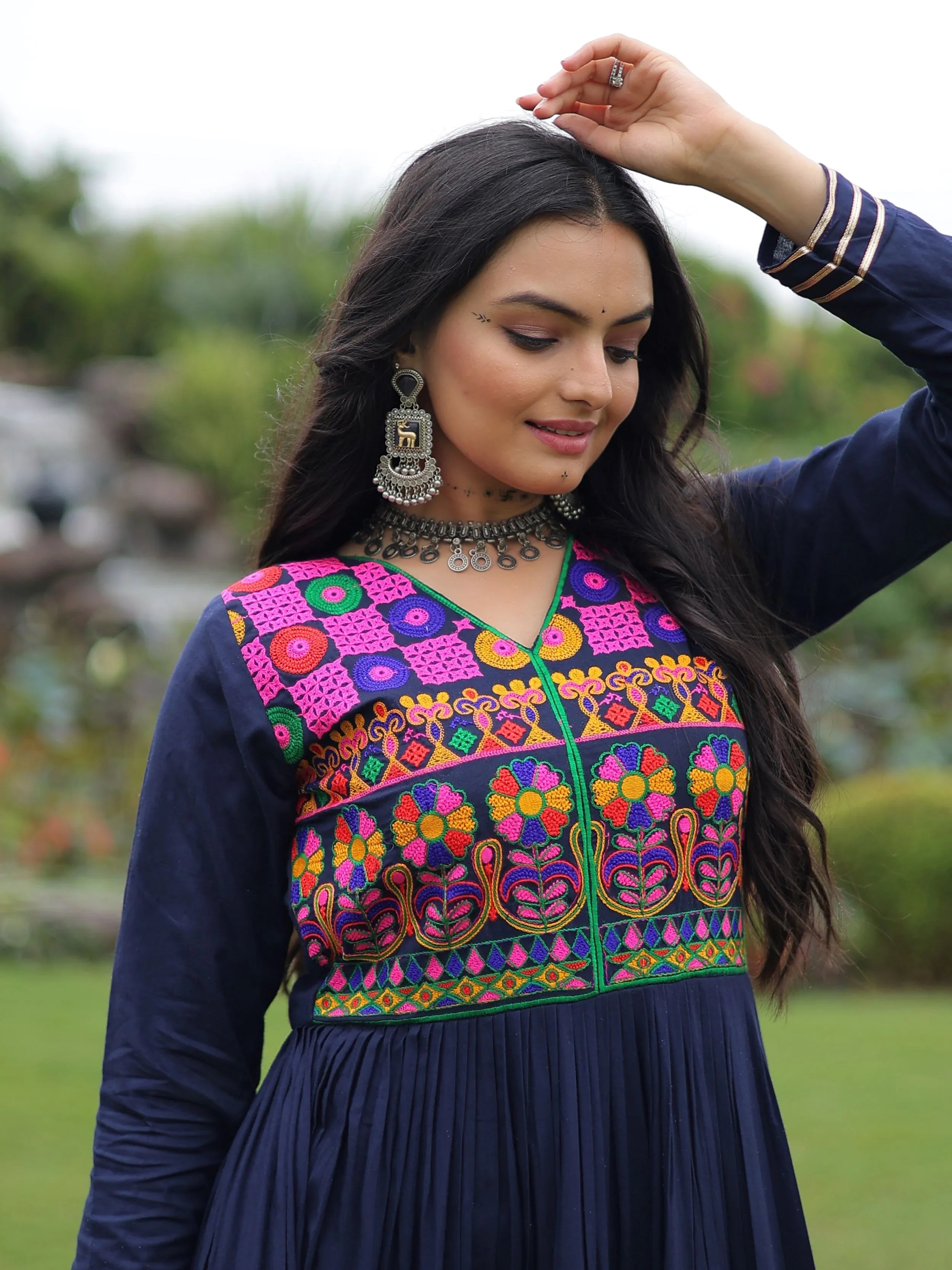 Navy Blue Rayon Flair Kutchi Gamthi Embroidered Mirror Work Gown