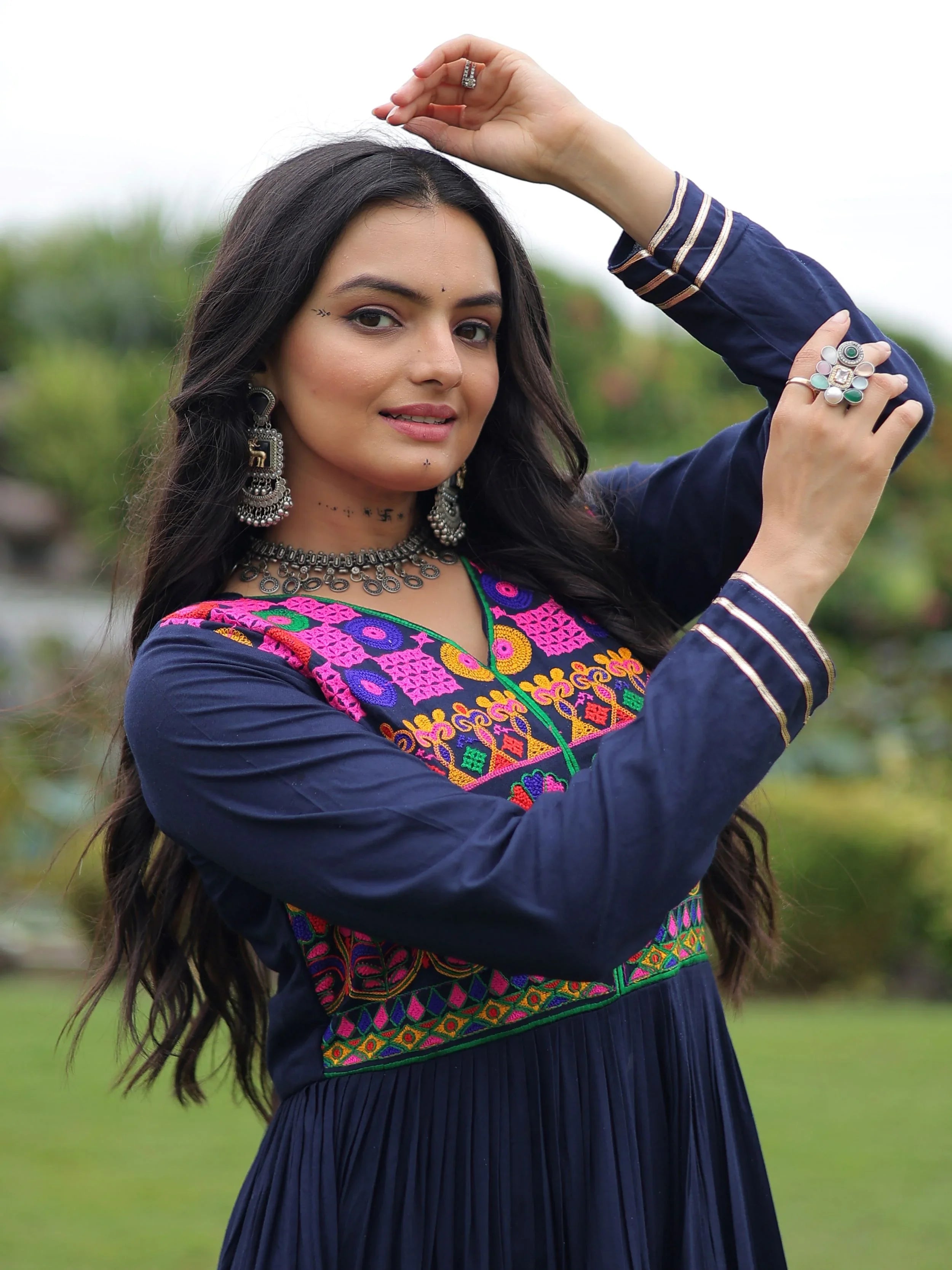 Navy Blue Rayon Flair Kutchi Gamthi Embroidered Mirror Work Gown