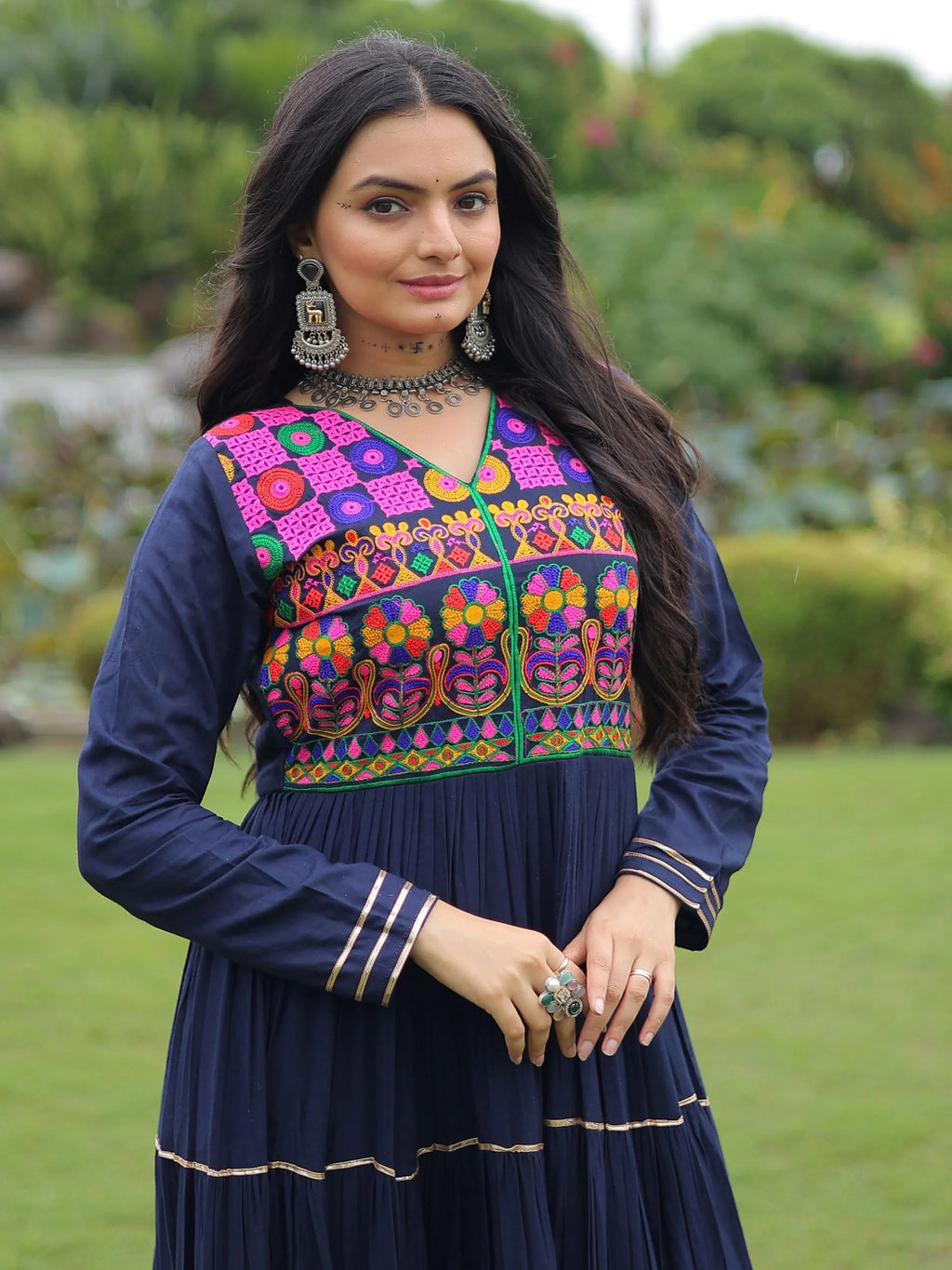 Navy Blue Rayon Flair Kutchi Gamthi Embroidered Mirror Work Gown