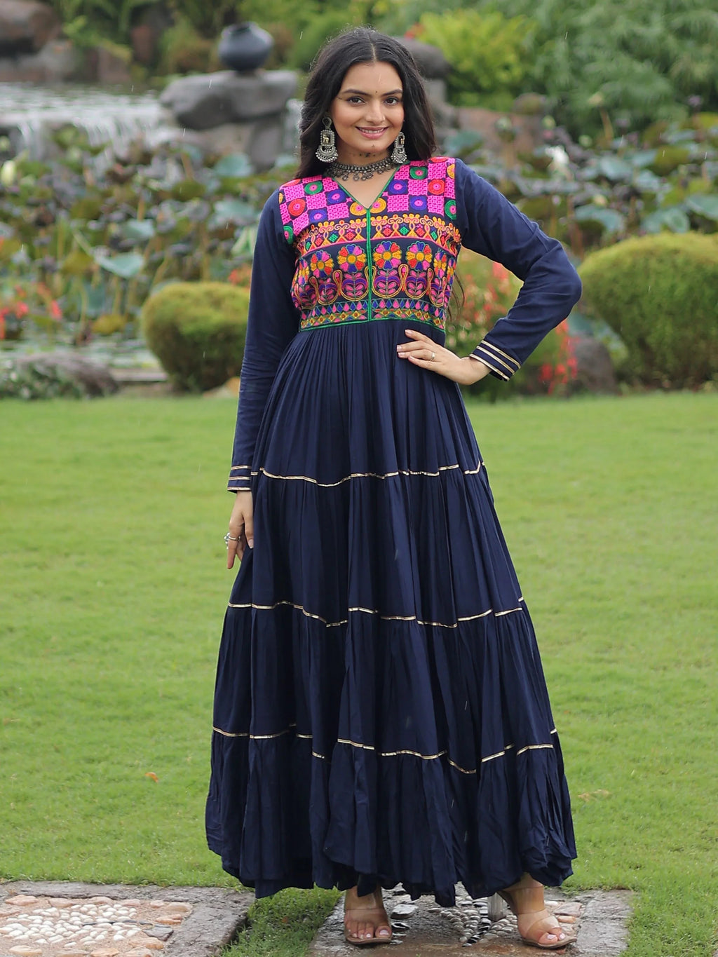 Navy Blue Rayon Flair Kutchi Gamthi Embroidered Mirror Work Gown