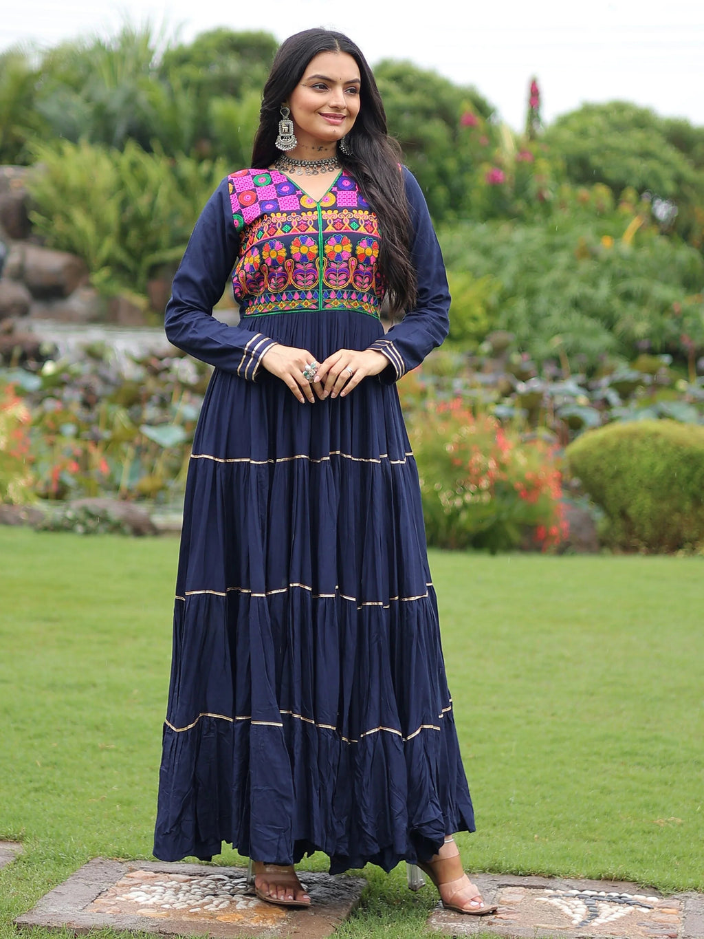 Navy Blue Rayon Flair Kutchi Gamthi Embroidered Mirror Work Gown