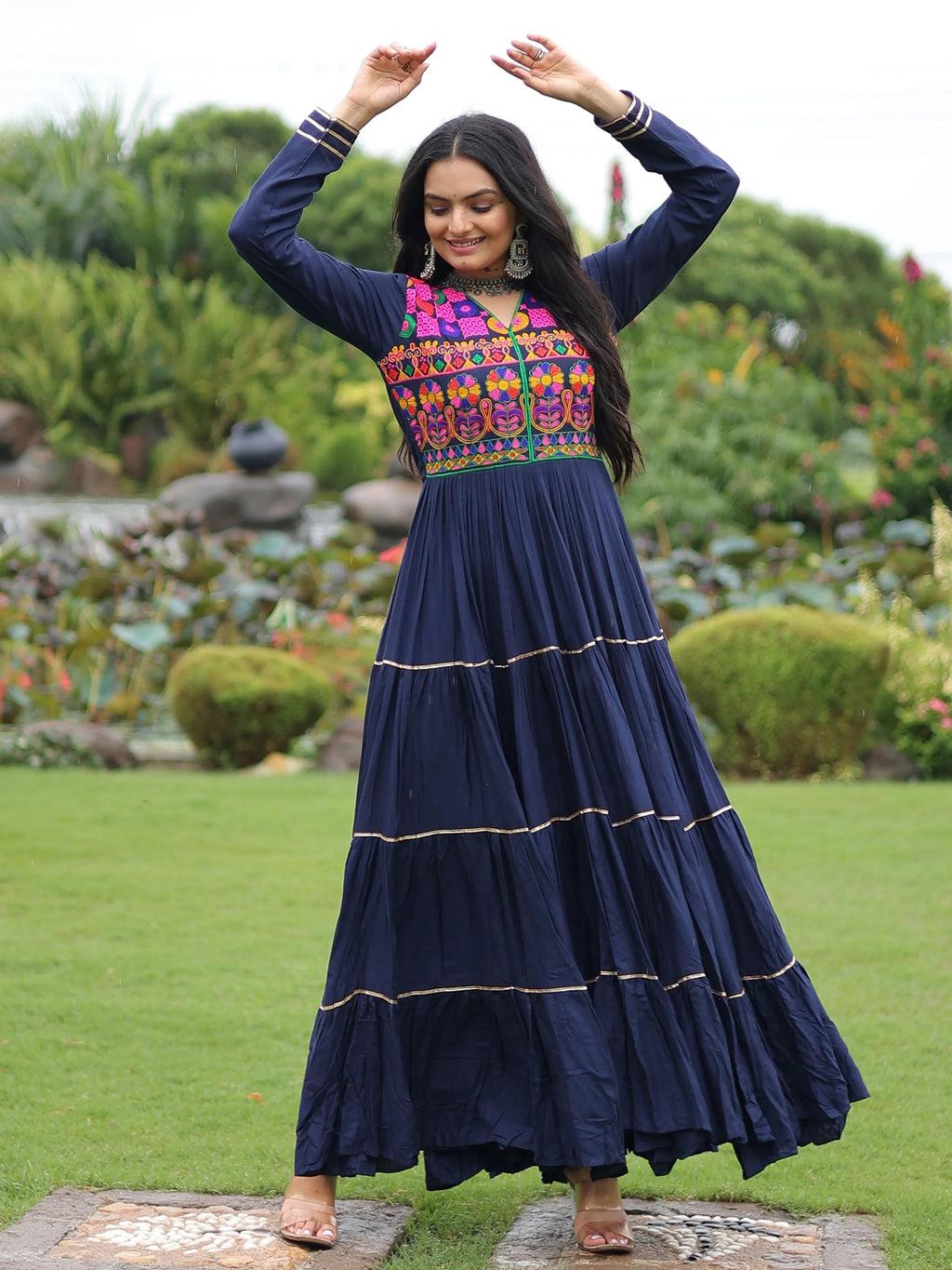 Navy Blue Rayon Flair Kutchi Gamthi Embroidered Mirror Work Gown
