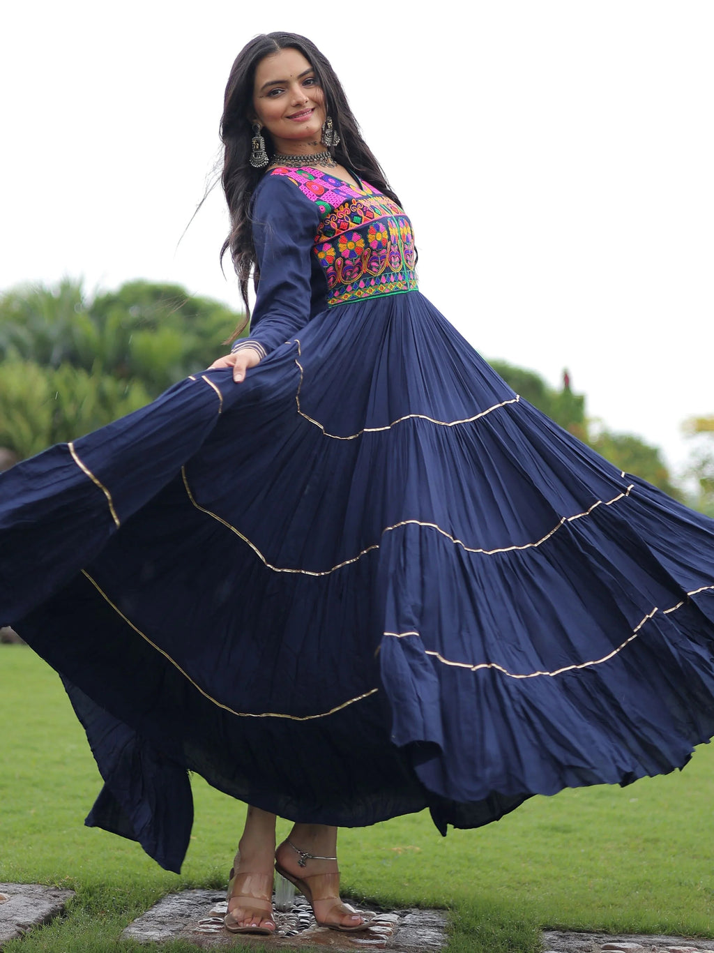 Navy Blue Rayon Flair Kutchi Gamthi Embroidered Mirror Work Gown