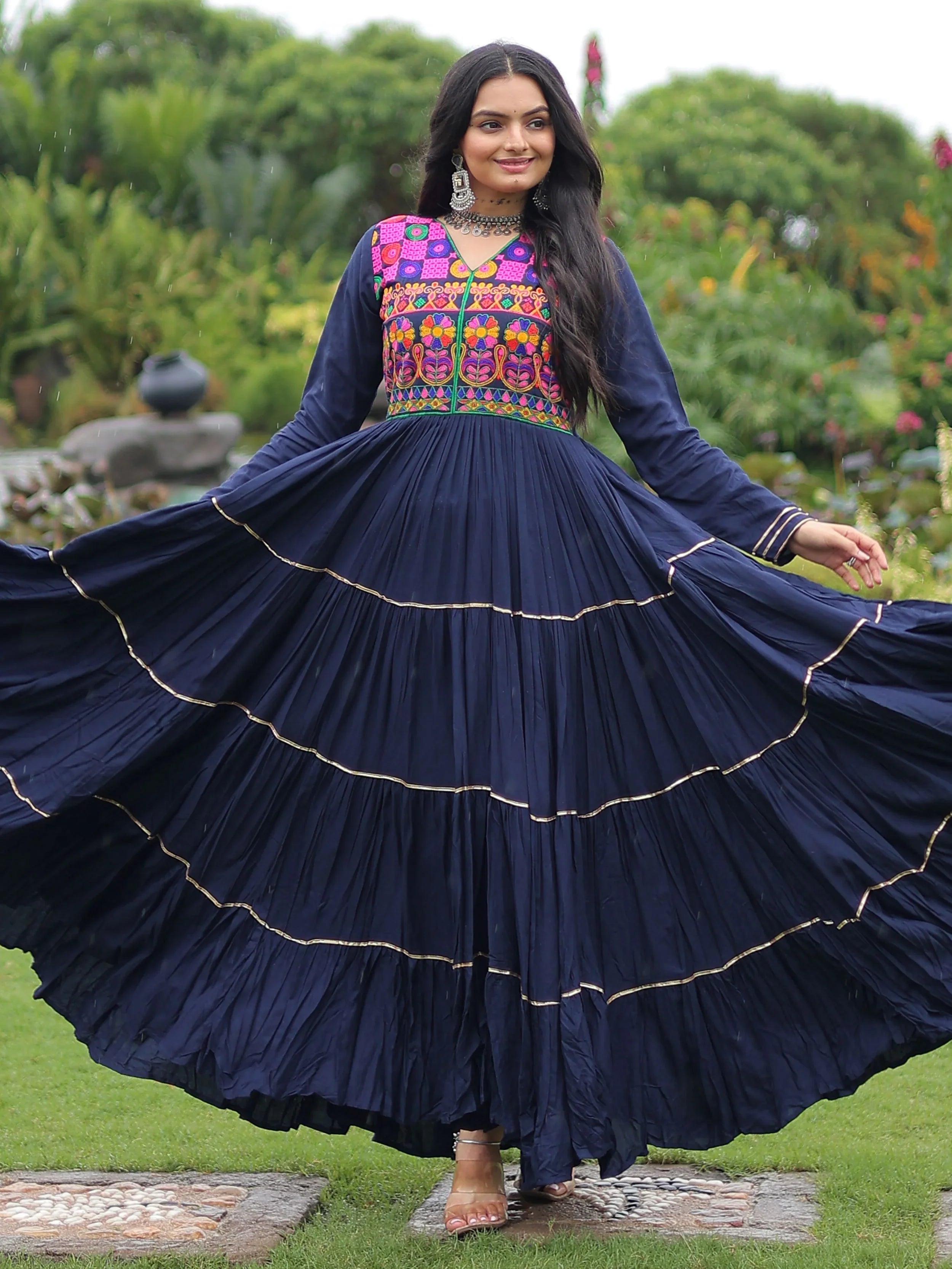 Navy Blue Rayon Flair Kutchi Gamthi Embroidered Mirror Work Gown