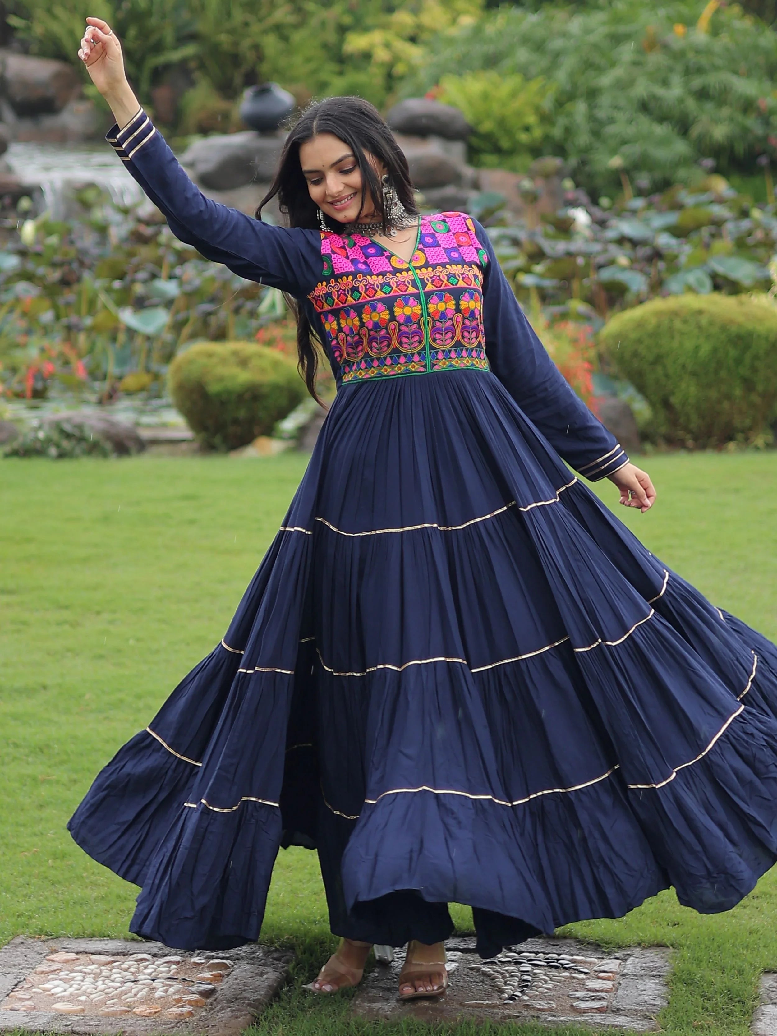 Navy Blue Rayon Flair Kutchi Gamthi Embroidered Mirror Work Gown