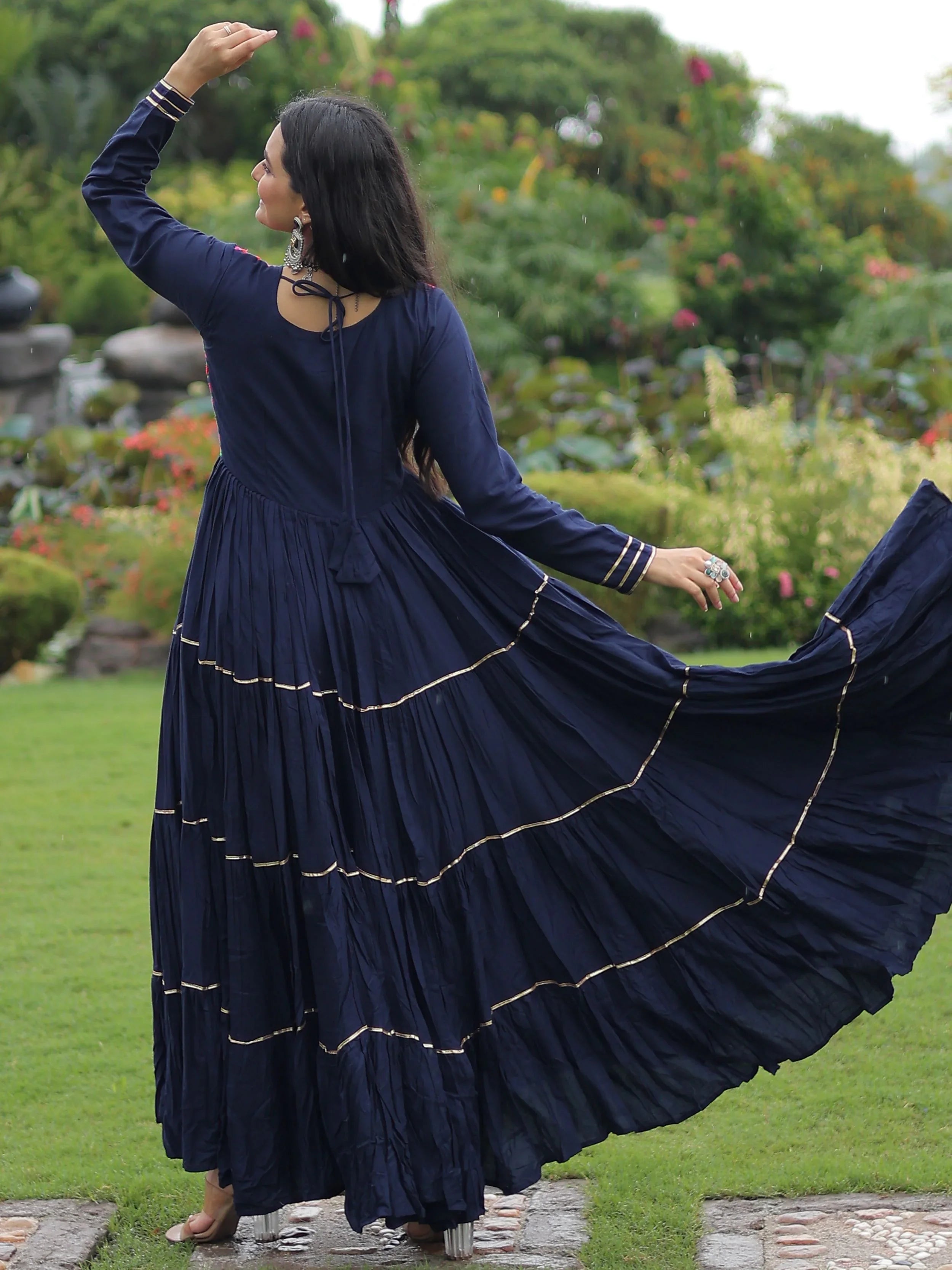 Navy Blue Rayon Flair Kutchi Gamthi Embroidered Mirror Work Gown
