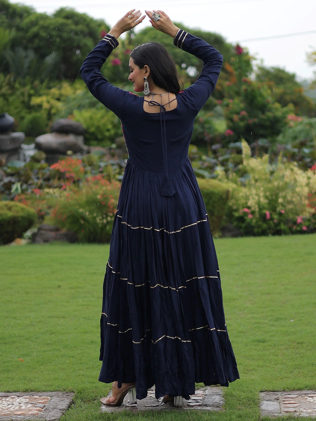 Navy Blue Rayon Flair Kutchi Gamthi Embroidered Mirror Work Gown