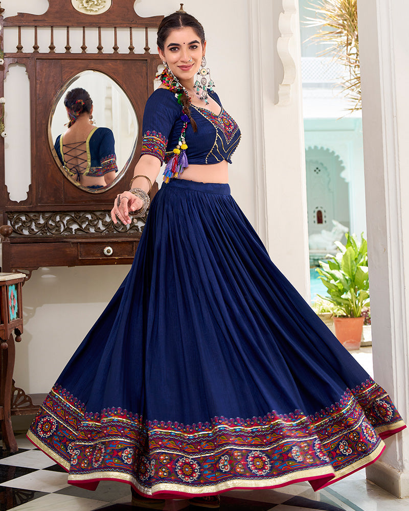Navy Blue Tussar Silk Gamthi Print Lehenga Choli with Dupatta