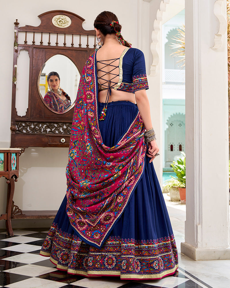 Navy Blue Tussar Silk Gamthi Print Lehenga Choli with Dupatta
