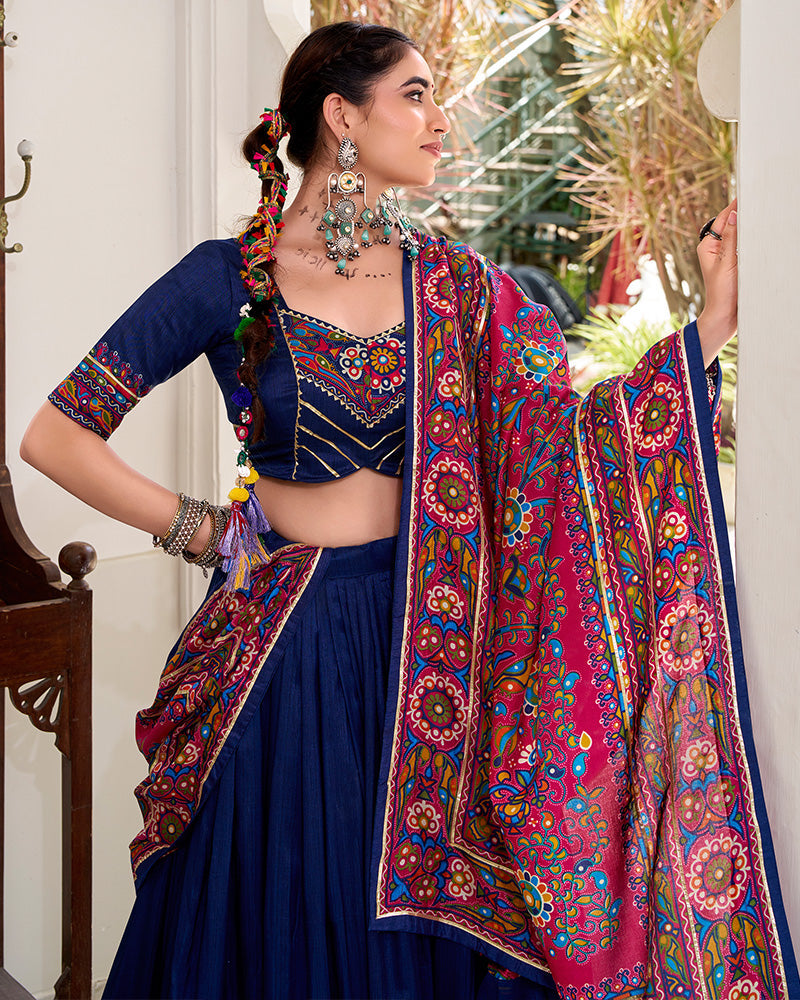 Navy Blue Tussar Silk Gamthi Print Lehenga Choli with Dupatta