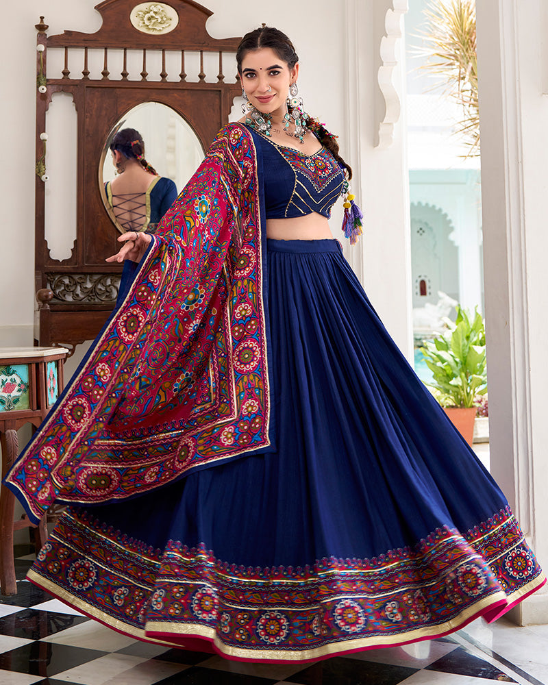 Navy Blue Tussar Silk Gamthi Print Lehenga Choli with Dupatta