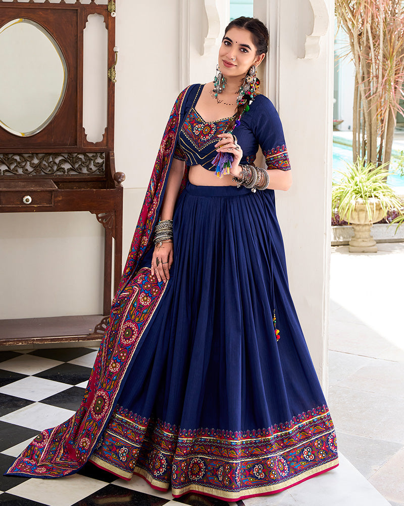Navy Blue Tussar Silk Gamthi Print Lehenga Choli with Dupatta
