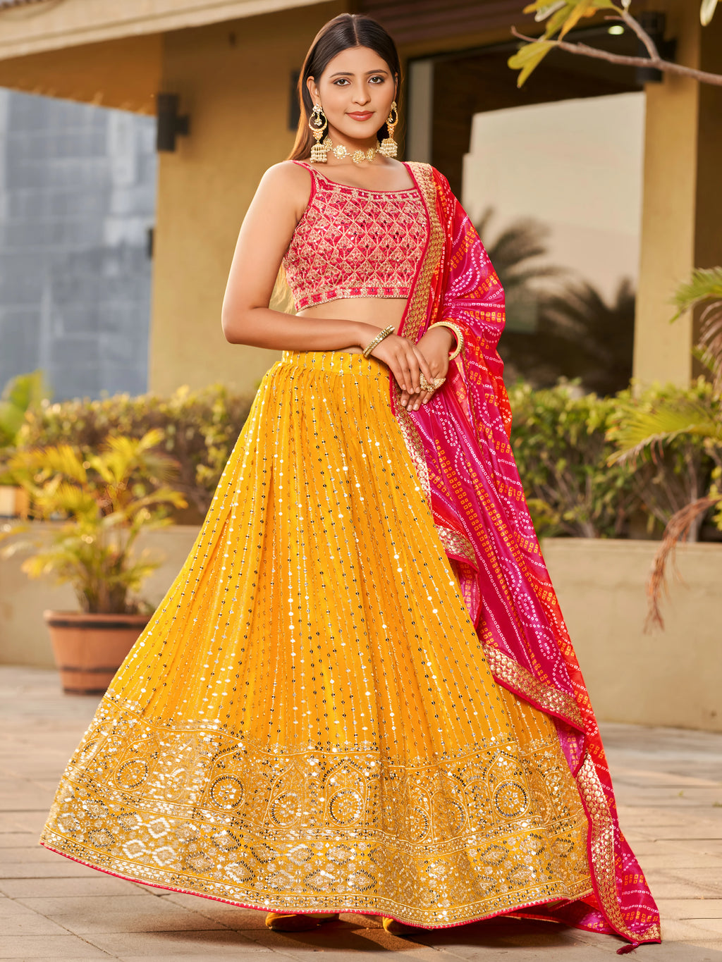 Navya Mustard Yellow Color Embroidered Lehenga Choli with Bandhani Dupatta