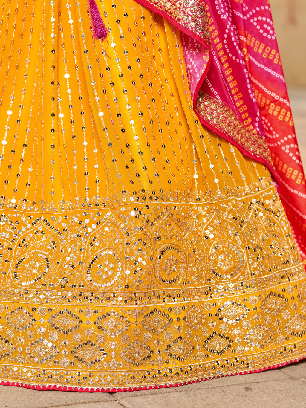 Navya Mustard Yellow Color Embroidered Lehenga Choli with Bandhani Dupatta
