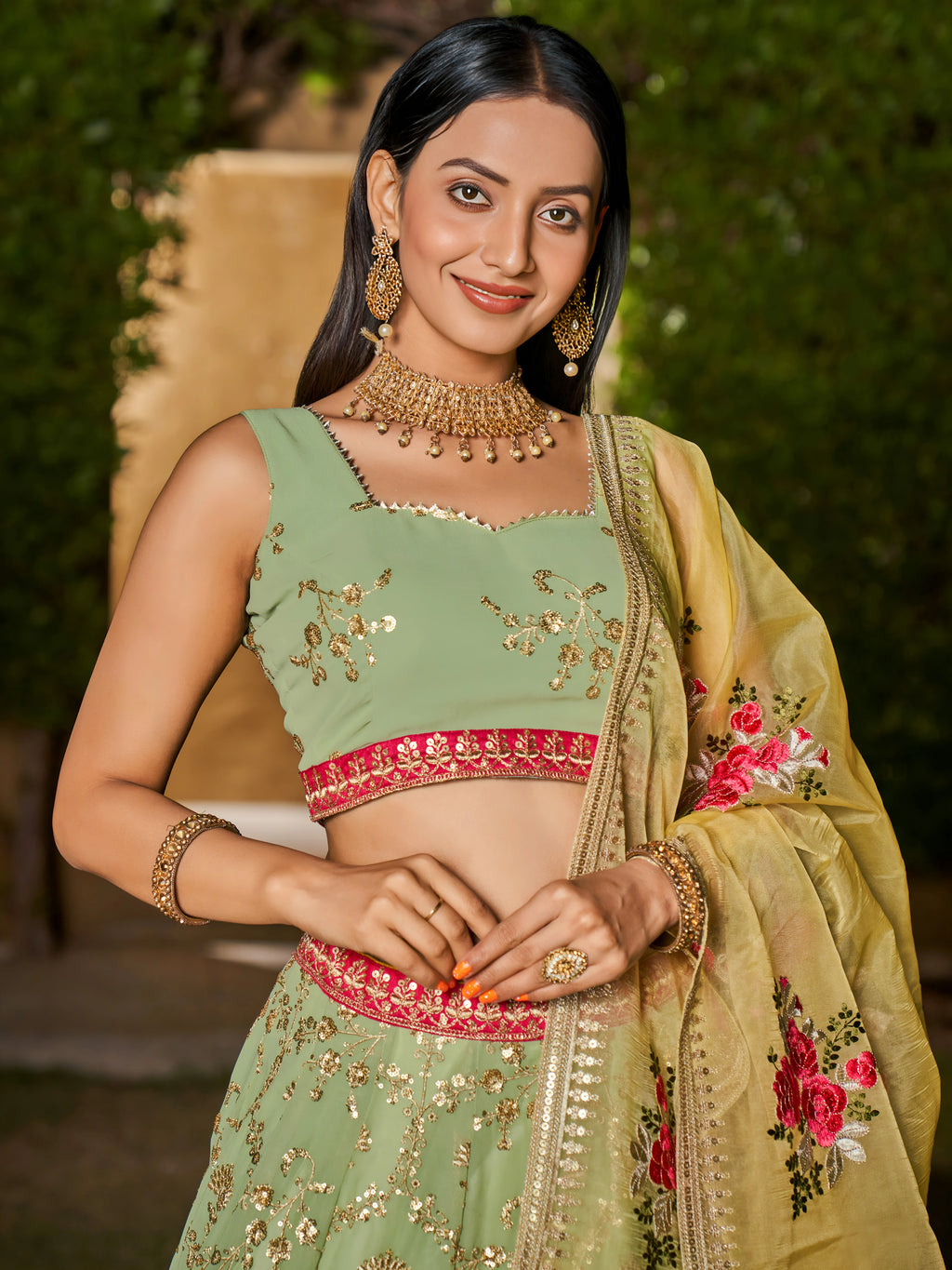 Navya Pista Green Color Embroidered Lehenga Choli with Floral Dupatta