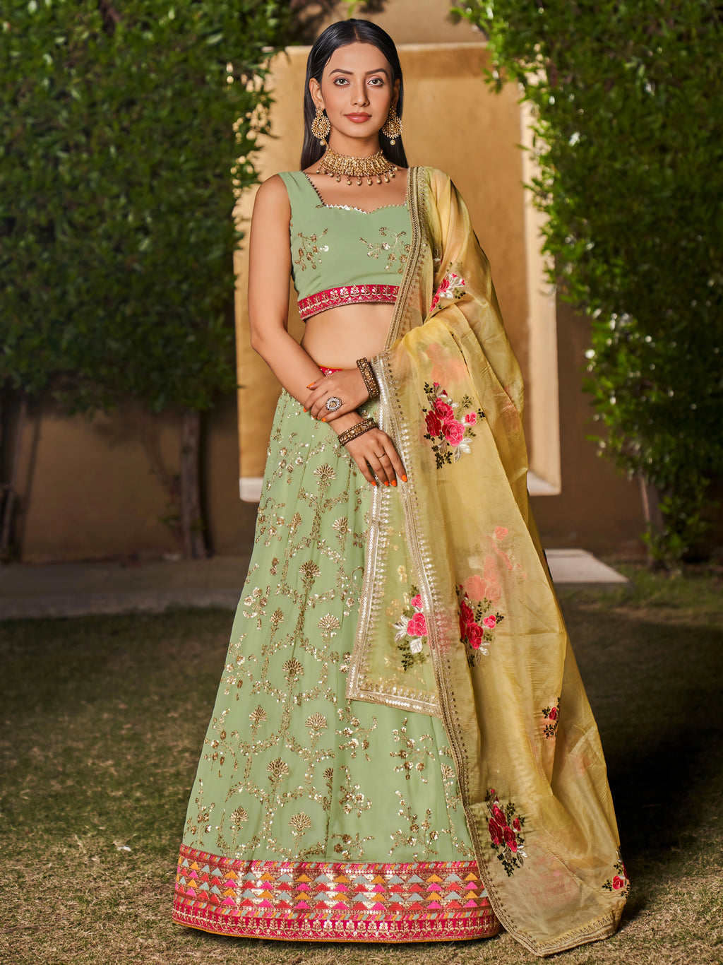 Navya Pista Green Color Embroidered Lehenga Choli with Floral Dupatta